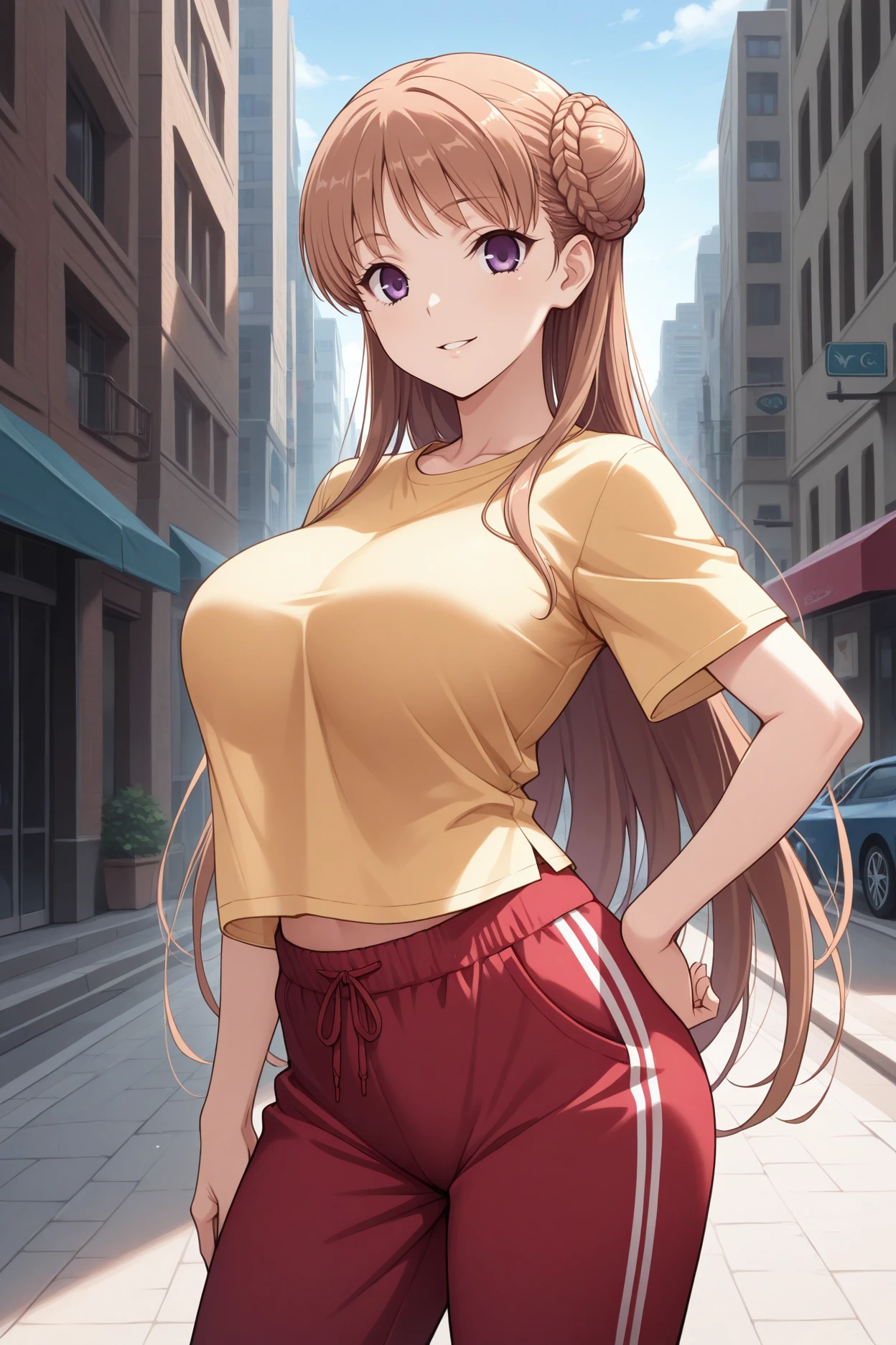 masterpiece, best quality, 1girl, solo, <lora:nmascot-illu-nvwls-v1-000007:1> nmasc, brown hair, very long hair, purple eyes, big breasts, double bun, braided bun, yellow t-shirt, red pants, sweatpants, looking at viewer, hand on hip, smile, parted lips, city street, blue sky