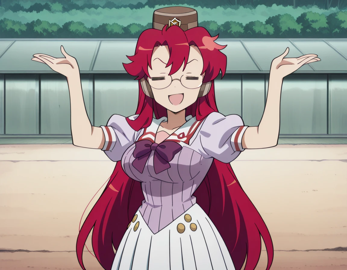 masterpiece, best quality, amazing quality,, <lora:yoko-littner-s1-illustriousxl-lora-nochekaiser:1>, yoko littner, long hair, red hair, glasses, hair down, mature female, breasts, anime screencap, <lora:gold-ship-radar-alert-illustriousxl-lora-nochekaiser:1>, gold ship radar alert, = =, solo, smile, open mouth, smug, looking at viewer, straight-on, shirt, skirt, hat, bow, closed eyes, short sleeves, outdoors, pleated skirt, puffy sleeves, bowtie, sailor collar, puffy short sleeves, white skirt, parody, purple bow, purple shirt, brown headwear, sailor shirt, purple bowtie, pillbox hat, hands up, , , ,