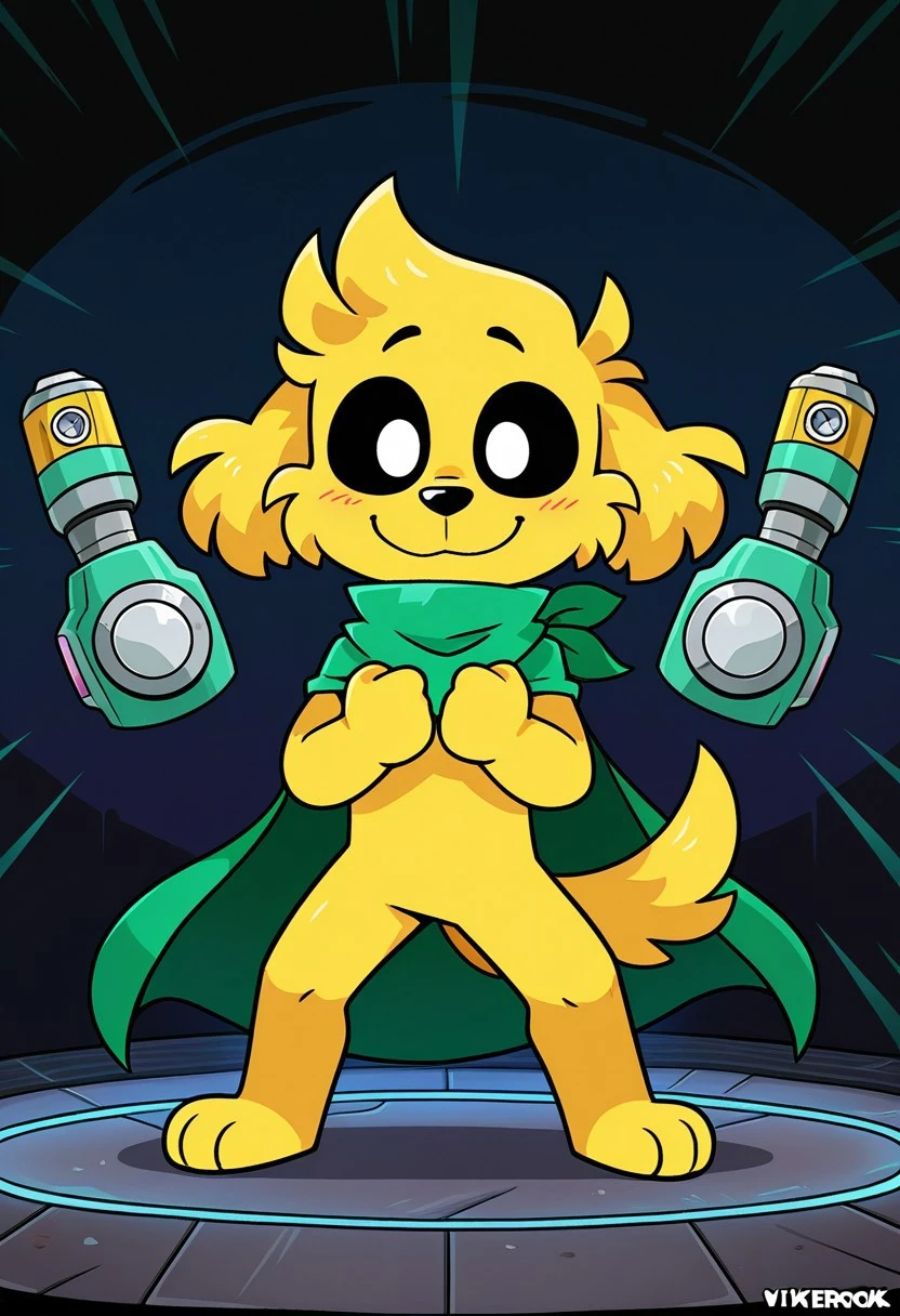 Mikecrack,solo,male, yellow fur,black sclera,white pupils,Green cape,dog tail,male,Long drooping ears,black nose,smile,stand,dog tail