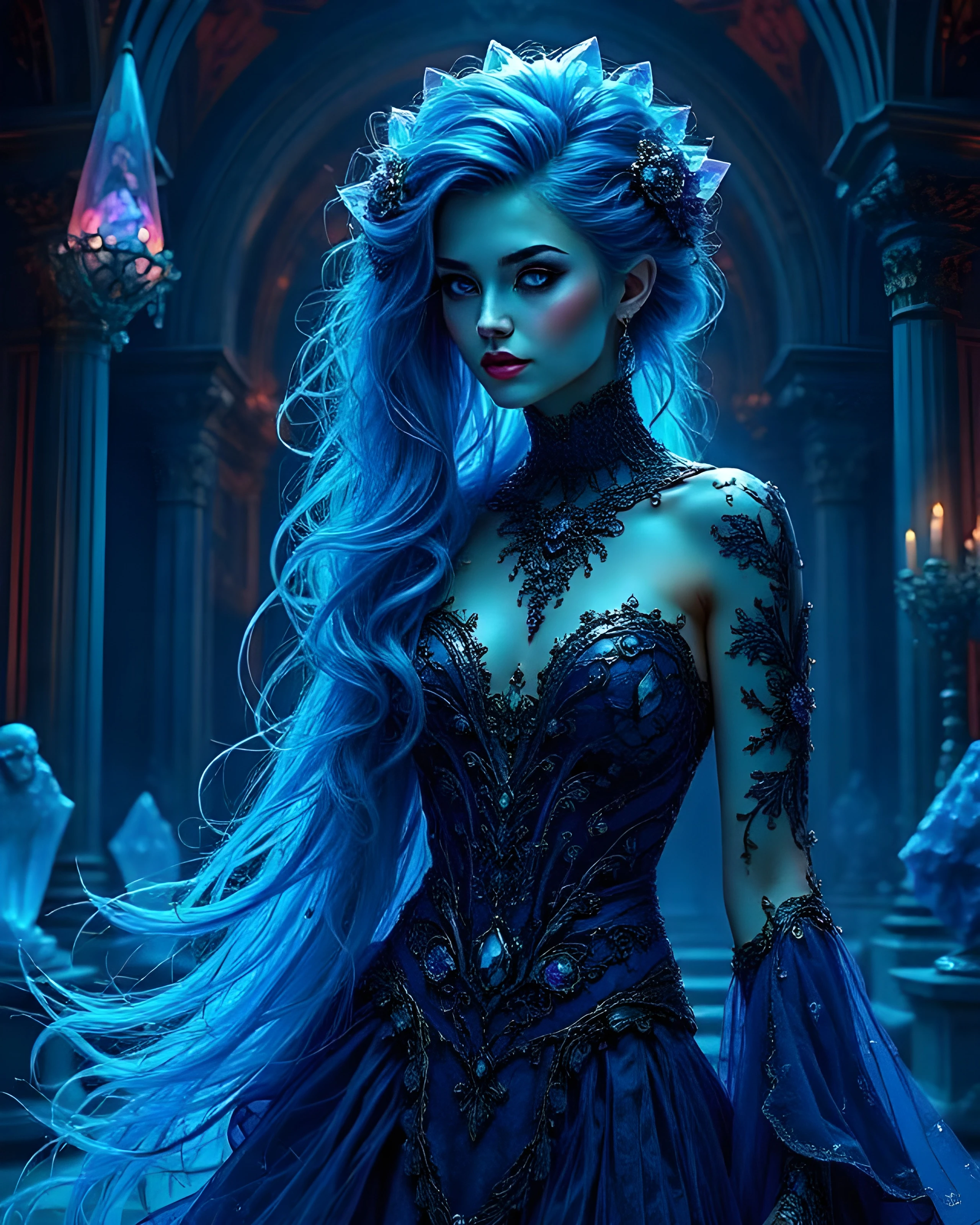 A stunning young woman with long, flowing blue hair poses elegantly in a dimly lit, ornate setting. She wears a richly detailed dark blue gown adorned with intricate designs and gemstones that catch the soft light. Her makeup emphasizes her striking features, and she is accessorized with dark lace and floral elements in her hair. The background features gothic architecture and softly glowing candles, enhancing the ethereal atmosphere.
