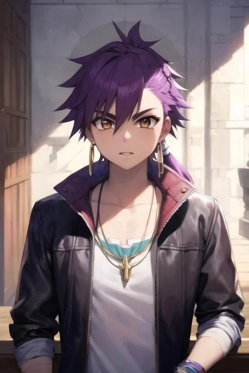 masterpiece, best quality, high quality, 1boy, solo, male focus, looking at viewer, upper body, <lora:sinbad_magi:0.62>, sinbad_magi, purple hair, jewelry, long hair, brown eyes, ponytail, jacket