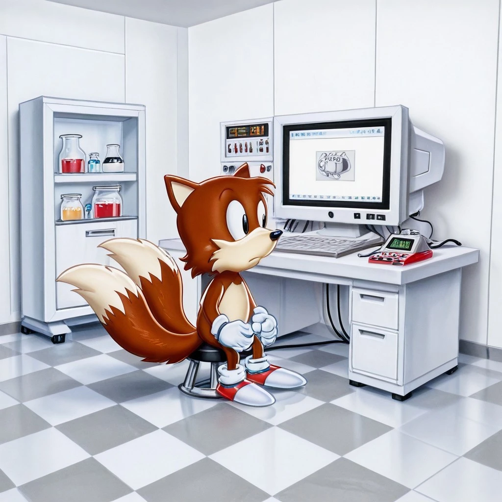 satohikanostyle, furry, furry male, TailsAOSTH, 1boy, brown fox, large fluffy 2 tails, white gloves, red and white shoes, beige chest, oversized black cartoonish eyes, sonic the hedgehog, solo, 1boy, lab, sitting, looking away, white theme, detailed background, indoors, table, shelf, monitor, science, from above, checkerboard, checkered floor