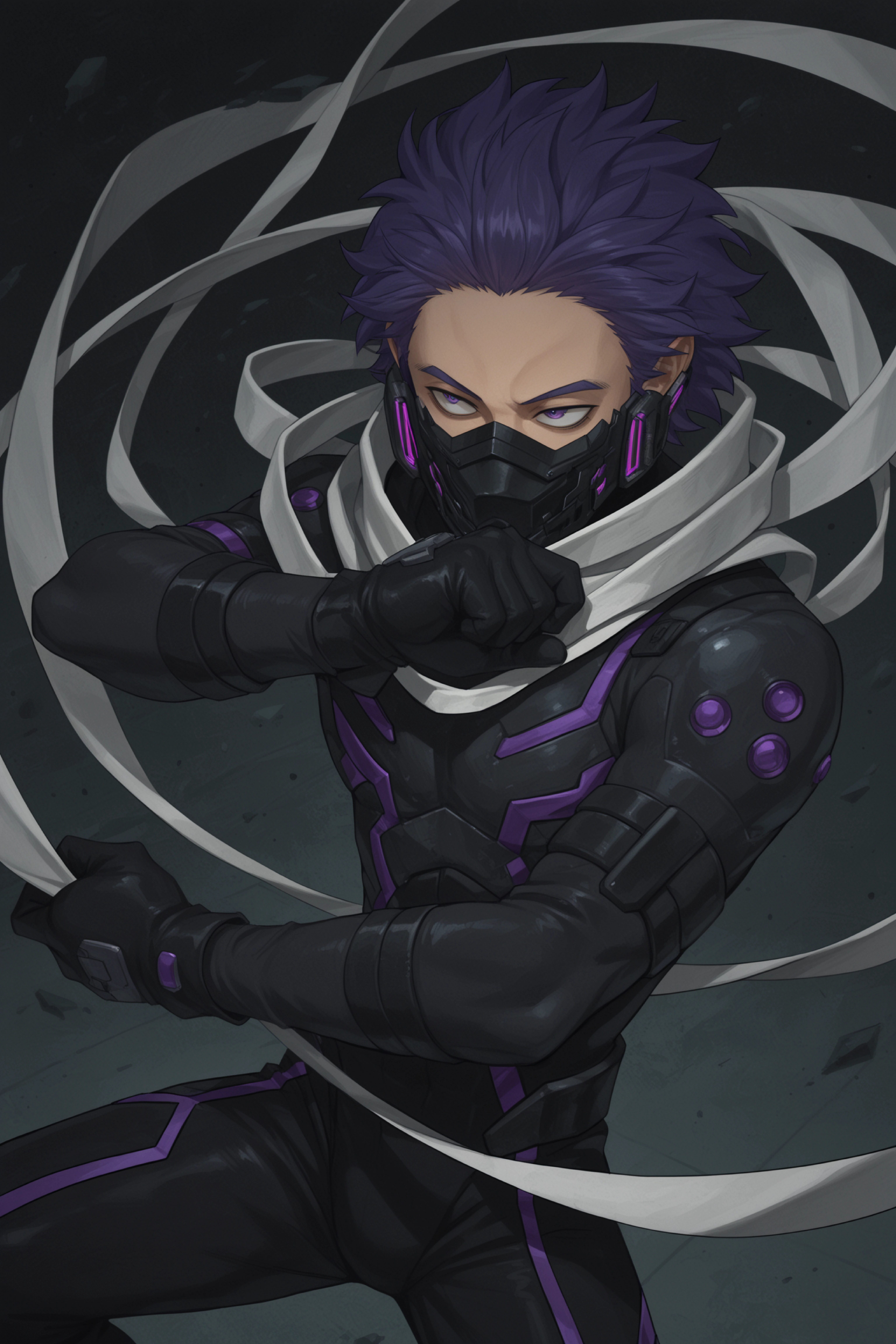 sh1ns0, 1boy, male focus, solo, purple hair, purple eyes, , black gloves, mask, white scarf, long scarf, floating scarf, scarf grab, skinny
BREAK
anime coloring, dark, neon trim, fighting stance, masterpiece, best quality, amazing quality, very aesthetic, absurdres, newest, detailed background