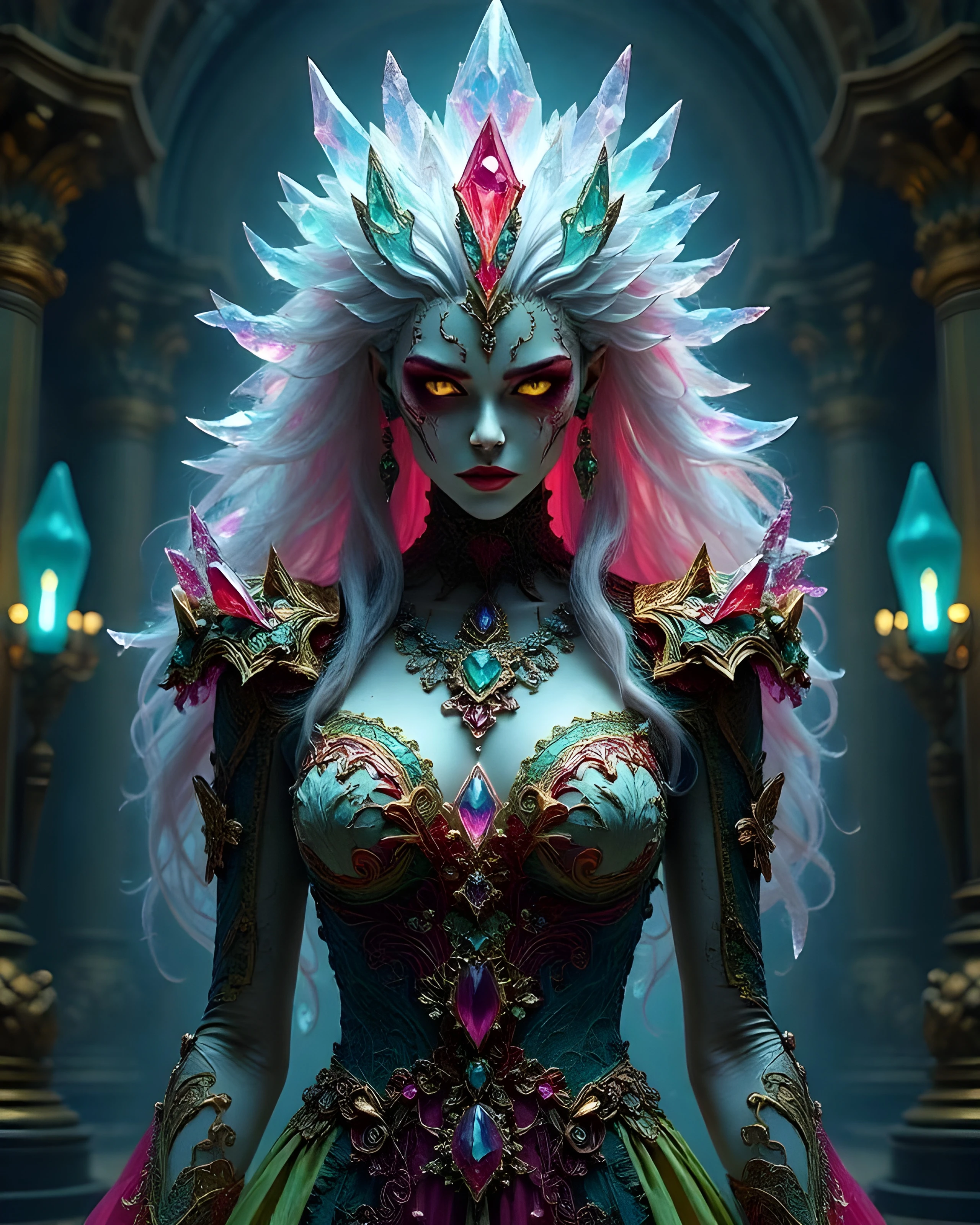 A striking fantasy character with long, flowing hair that transitions from white to pink. She wears an intricately designed gown adorned with colorful gemstones and intricate patterns. Her skin has a pale, ethereal quality, and she has sharp features complemented by vivid, glowing orange-red eyes. Her elaborate headdress resembles crystalline spikes, adding to her regal and supernatural appearance. The background features dimly lit stone architecture with softly glowing teal lights, enhancing the mystical atmosphere.