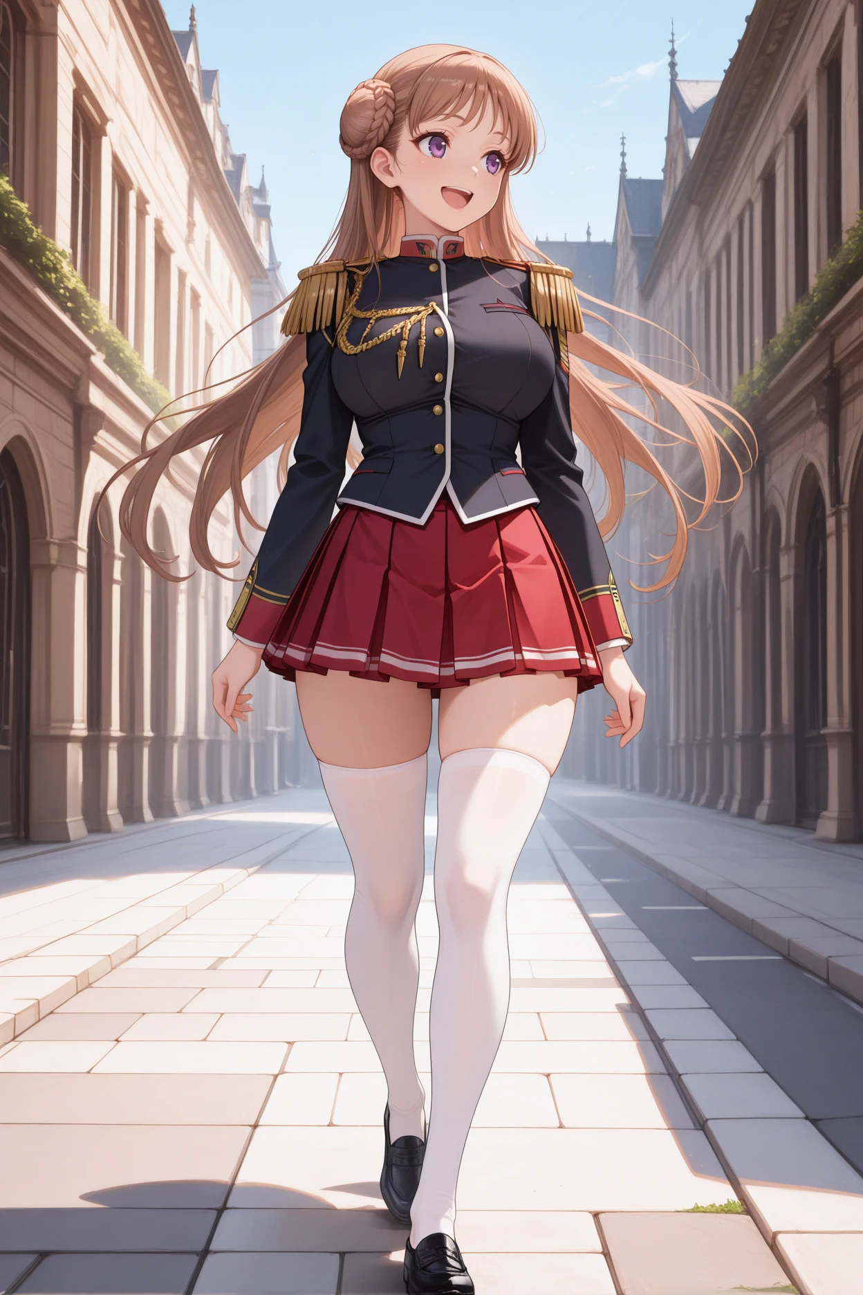 masterpiece, best quality, 1girl, solo, <lora:nmascot-illu-nvwls-v1-000007:1> nmasc, brown hair, very long hair, purple eyes, big breasts, double bun, braided bun, black military uniform, aiguillette, black jacket, gold buttons, epaulettes, pleated skirt, red skirt, white thighhighs, black shoes, full body, walking, sidewalk, european architecture, open mouth, happy, blue sky, looking to the side