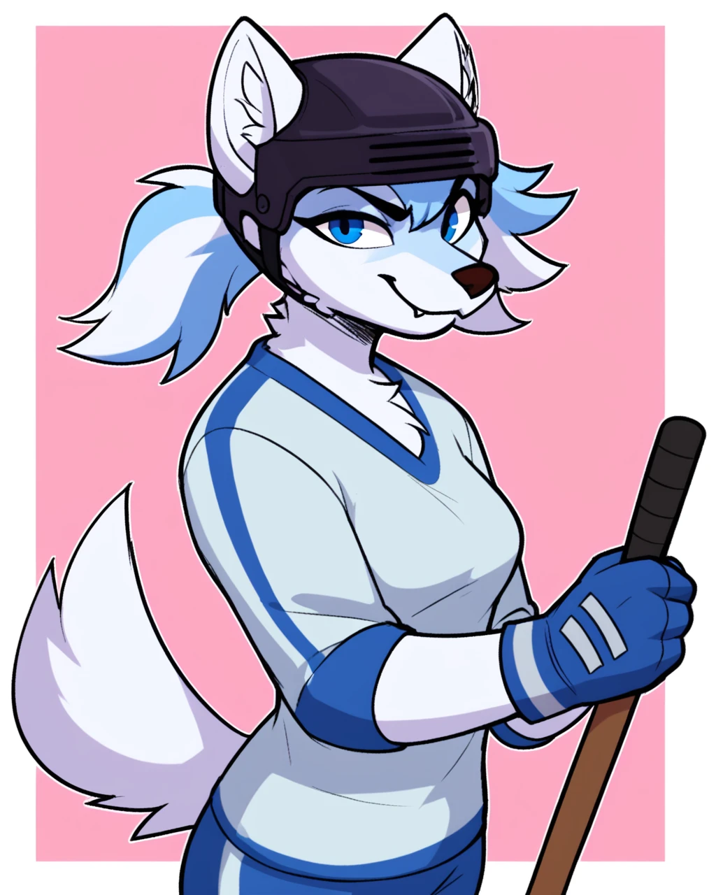 score_9_up, score_8_up, score_7_up, score_6_up, by remanedur, furry, female, wolf, white hair, blue highlights, multicolored hair, medium breasts, blue eyes, helmet, hockey stick, blue hockey jersey, gloves, white body, looking at viewer, happy, head tilt, solo, three-quarter view, simple background, white outline, <lora:Leah_Pines(AIM)_XL_v1:0.15> <lora:PDXL_artist_tags_v2_big:0.5> <lora:The-Minuscule-Task_PDXL_v1.0:0.6> <lora:Cyana_np_eazy:0.7>