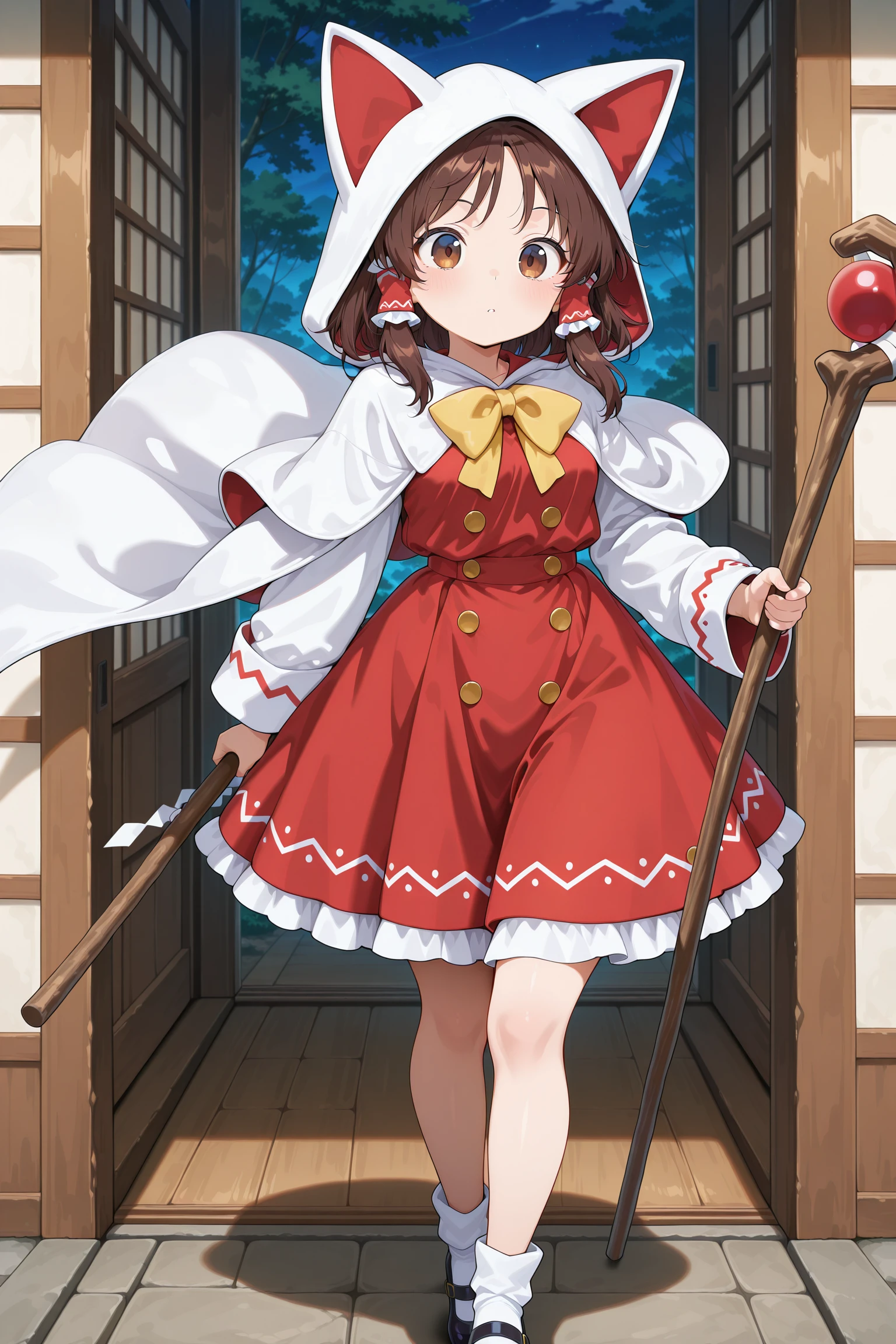 1girl,<lora:Devout_V1Dim16alpha4_illustrious:0.9>,devout_cos,cat hood,animal hood,white_cape,chest bow,red dress, gold buttons,staff,holding staff,<lora:Reimu-Hakurei_IllustriousV3:0.85>,hakurei reimu, 1girl, solo, brown eyes, brown hair, long hair, sidelocks, small breasts,mary janes,, masterpiece, best quality, amazing quality, newest,detailed face, beautiful eye