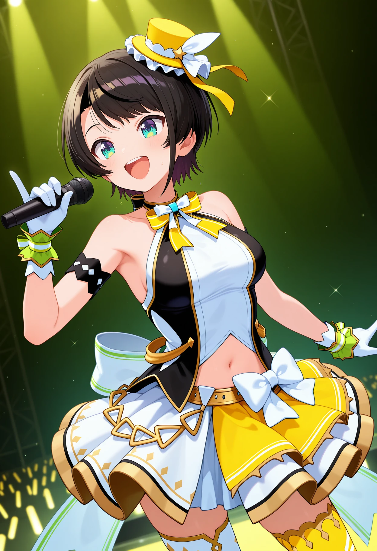 best quality, masterpiece, 1girl, ccsubaru, short hair, black hair, mini top hat, yellow headwear, idol, yellow bowtie, sleeveless shirt, arm strap, wrist cuffs, white gloves, navel cutout, white bow, layered skirt, white skirt, mismatched legwear, black thighhighs, yellow thighhighs, <lora:oozora_subaru_ilxl_v1:0.9>, standing, cowboy shot, stage, singing, smile, open mouth, holding microphone,