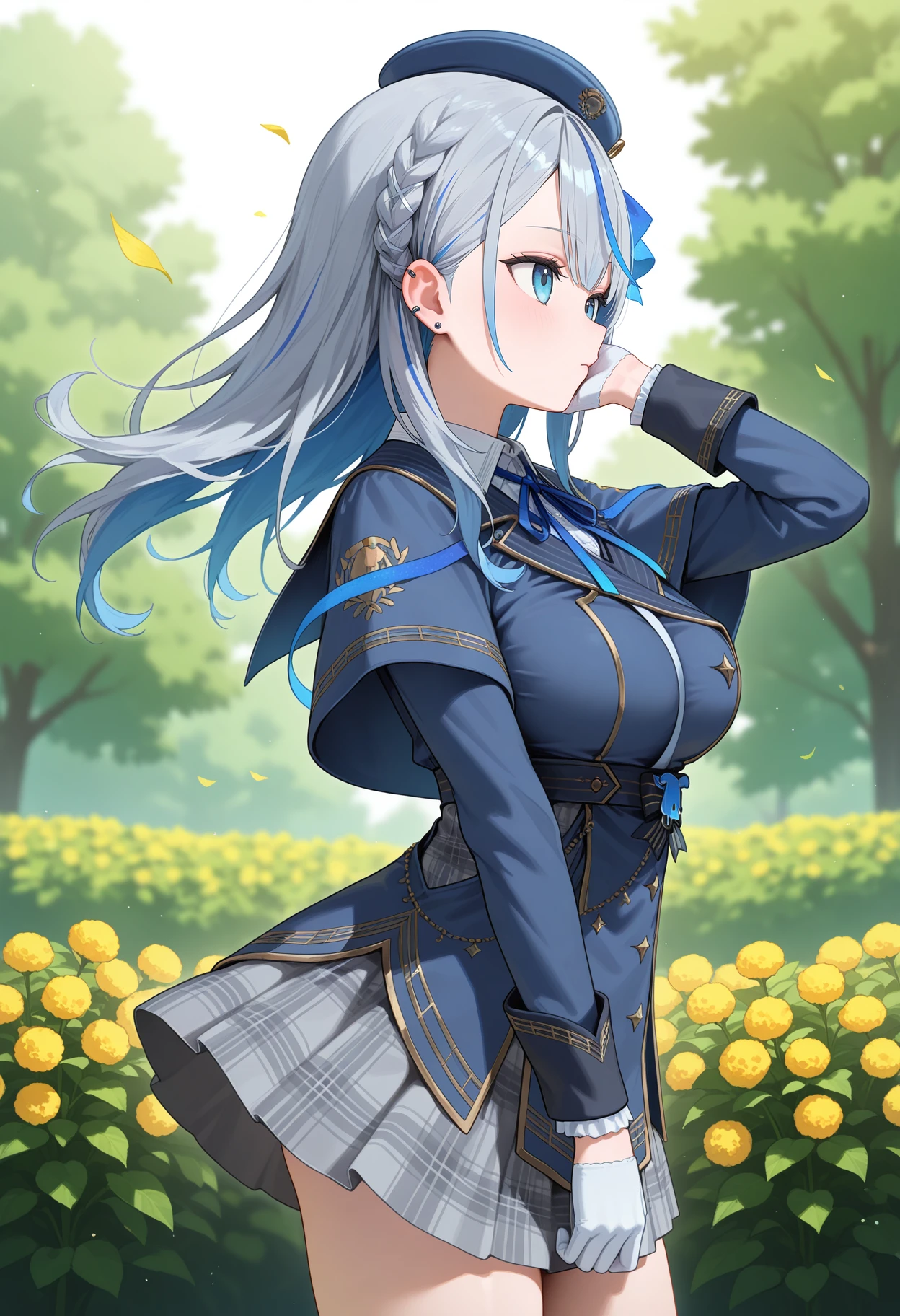 best quality, masterpiece, 1girl, aaruka, long hair, streaked hair, grey hair, braid, beret, blue headwear, ear piercing, blue eyes, blue capelet, neck ribbon, collared shirt, blue jacket, long sleeves, white gloves, plaid skirt, grey skirt, <lora:amagai_ruka_ilxl_v1:0.9>, solo, standing, cowboy shot, wind, from side, garden,