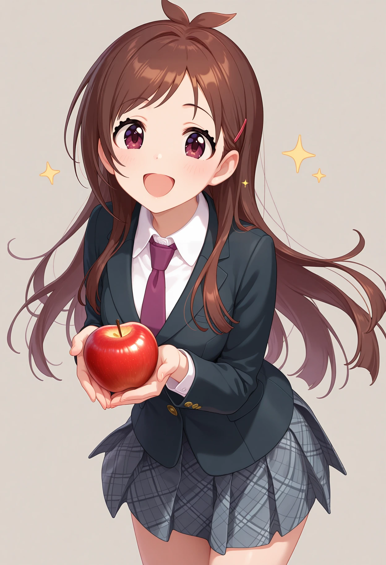 best quality, masterpiece, 1girl, aaakari, long hair, brown hair, antenna hair, hair ornament, purple necktie, collared shirt, white shirt, blazer, black jacket, long sleeves, plaid skirt, grey skirt, <lora:tsujino_akari_ilxl_v1:0.9>, standing, cowboy shot, smile, open mouth, holding apple, simple background, sparkle,