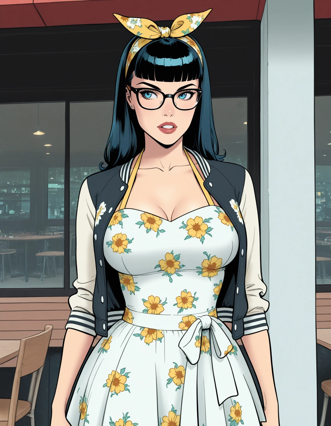 1girl, <lora:Rockabilly-ILXL-000005:1> rockabilly, yellow halter sundress, ((blunt bangs)), glasses, outdoors, cowboy shot, collarbone, restaurant, hairband, hairbow, miniskirt, flowing skirt, varsity jacket, white dress, floral print dress, parted lips, medium breasts <lora:Style_soph-Fernando-ILXL:0.9> f3rn4nd0, western comic \(style\) masterpiece, best quality, very aesthetic, newest
