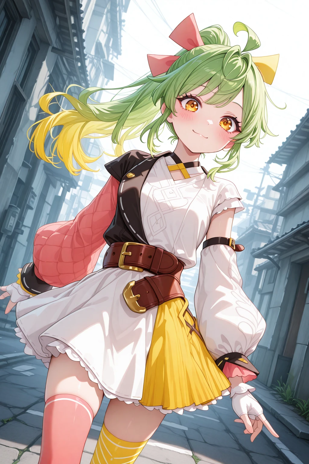 masterpiece, best quality, amazing quality, 1girl, solo, makeup, general, cowboy shot, looking at viewer, blush, dramatic angle, smile, happy, asphalt, outdoors, <lora:Yokato_Fu:1>, Yokato_Fu, long hair, green hair, multicolored hair, blonde hair, ahoge, yellow eyes, high ponytail, asymmetrical skirt, shirt, white skirt, yellow skirt, multicolored clothes, asymmetrical clothes, pink sleeves, white sleeves, puffy long sleeves, long sleeves, asymmetrical sleeves, detached sleeves, uneven sleeves, bow, hair bow, belt, brown belt, fingerless gloves, white gloves, boots, brown footwear, striped thighhighs, pink thighhighs, yellow thighhighs, thighhighs, mismatched legwear, asymmetrical legwear, zettai ryouiki, <lora:wai-A3-V140:1>, <lora:illustrious_noobai_epsilon_pred_1_masterpieces_v1:1>