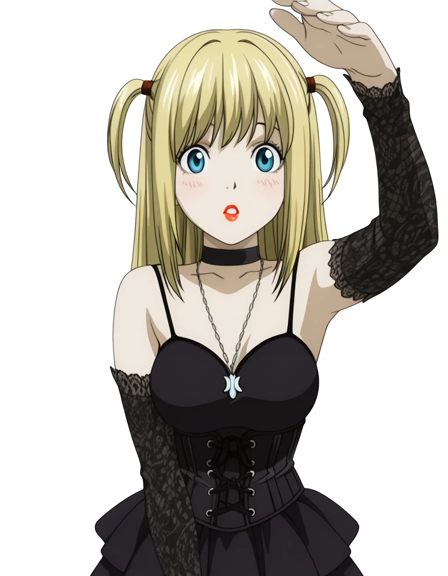 masterpiece, best quality, amazing quality,, <lora:misa-amane-anime-illustriousxl-lora-nochekaiser:1>, misa amane, long hair, blonde hair, blue eyes, two side up, mature female, medium breasts, anime screencap, skirt, dress, jewelry, detached sleeves, choker, necklace, black dress, cross, goth fashion, lace, lace-trimmed sleeves, spaghetti straps, corset, pleated skirt, black skirt, makeup, lipstick, <lora:incoming-headpat-illustriousxl-lora-nochekaiser:1>, incoming headpat, headpat, pov, outstretched arm, reaching, reaching towards viewer, looking at viewer, parted lips, blush, upper body, train station, trains, platform, passengers, travel, cowboy shot, solo, looking at viewer, <lora:transparent-background-illustriousxl-lora-nochekaiser:1>, transparent background, simple background, white background
