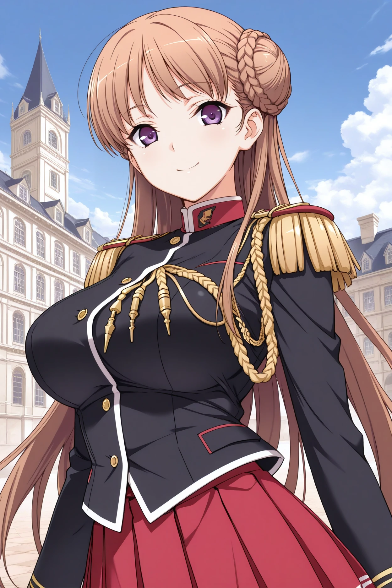 masterpiece, best quality, 1girl, solo, <lora:nmascot-illu-nvwls-v1-000007:1> nmasc, brown hair, very long hair, purple eyes, big breasts, double bun, braided bun, black military uniform, aiguillette, black jacket, gold buttons, epaulettes, pleated skirt, red skirt, upper body, looking at viewer, european architecture, blue sky, clouds, smile