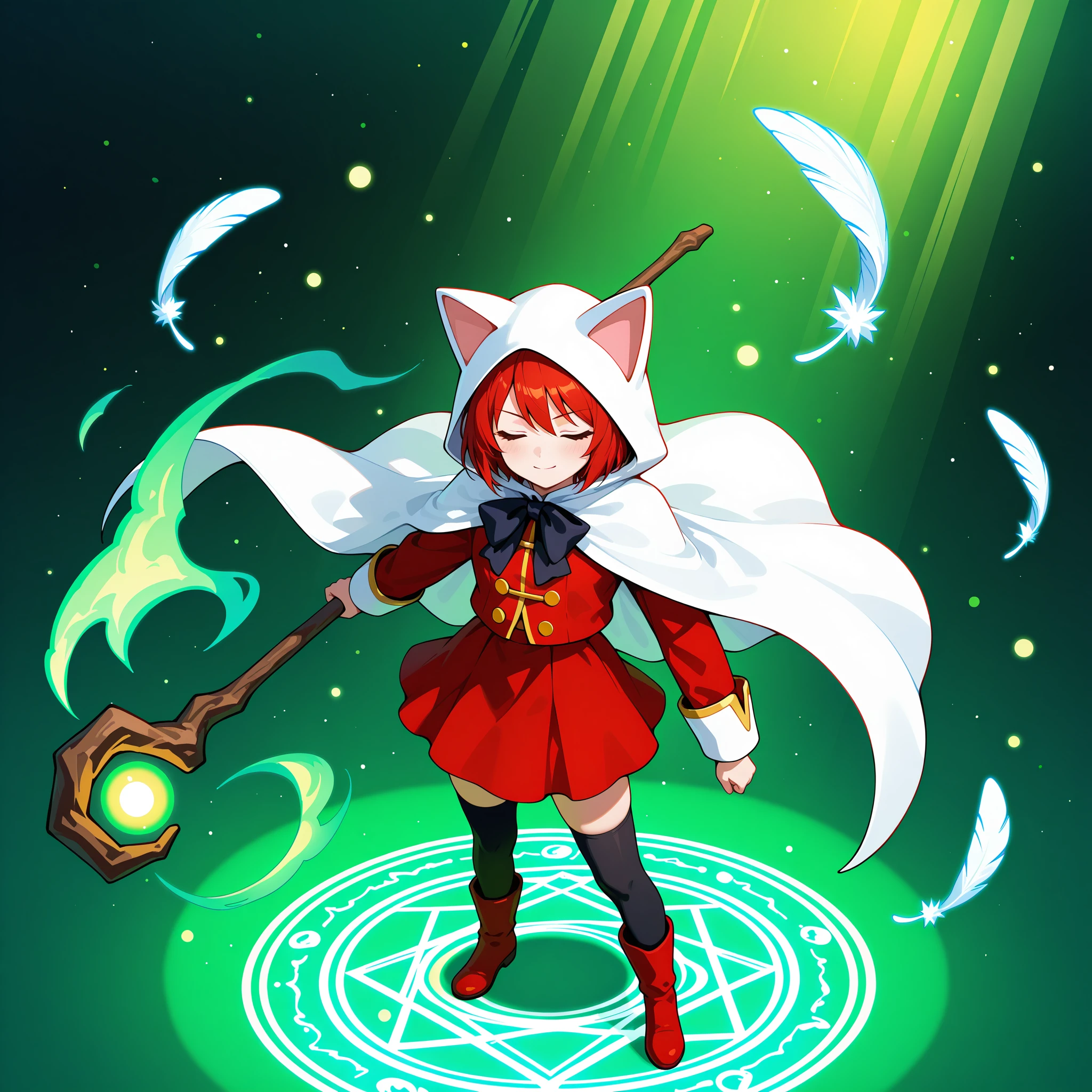 casting spell, staff glowing, healing magic, green light, soft glow, sparkling particles, gentle magic circle, life aura, rejuvenation energy, floating feathers, soothing effect, holy healing,
gentle smile, calm expression, eyes closed, serene atmosphere, divine light from above, kneeling or standing pose, cape fluttering slightly, rays of hope, holy presence, ally glowing faintly
serious expression, eyes glowing, determined stance, wind-blown cape, dramatic lighting, backlighting, standing in light, , 1girl,<lora:Devout_V1Dim16alpha4_illustrious:0.8>,devout_cos,cat hood,animal hood,white_cape,chest bow,red jacket,red skirt, gold buttons,thighhighs, staff,holding staff,, masterpiece, best quality, amazing quality, newest,detailed face, beautiful eye