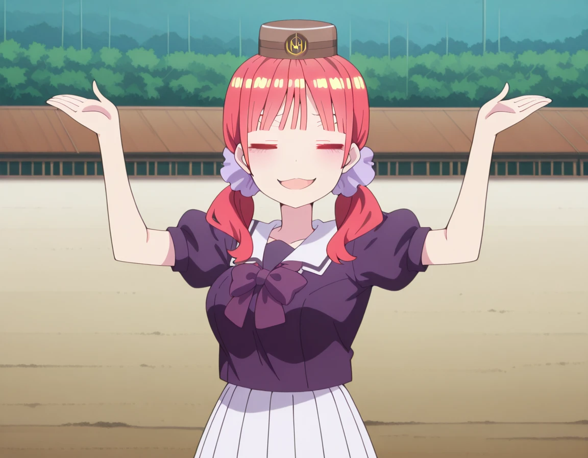 masterpiece, best quality, amazing quality,, <lora:nino-nakano-honeymoon-illustriousxl-lora-nochekaiser:1>, nino nakano, bangs, hair ornament, twintails, pink hair, blunt bangs, medium hair, scrunchie, eyebrows hidden by hair, purple scrunchie, mature female, breasts, anime screencap, <lora:gold-ship-radar-alert-illustriousxl-lora-nochekaiser:1>, gold ship radar alert, = =, solo, smile, open mouth, smug, looking at viewer, straight-on, shirt, skirt, hat, bow, closed eyes, short sleeves, outdoors, pleated skirt, puffy sleeves, bowtie, sailor collar, puffy short sleeves, white skirt, parody, purple bow, purple shirt, brown headwear, sailor shirt, purple bowtie, pillbox hat, hands up, , , ,