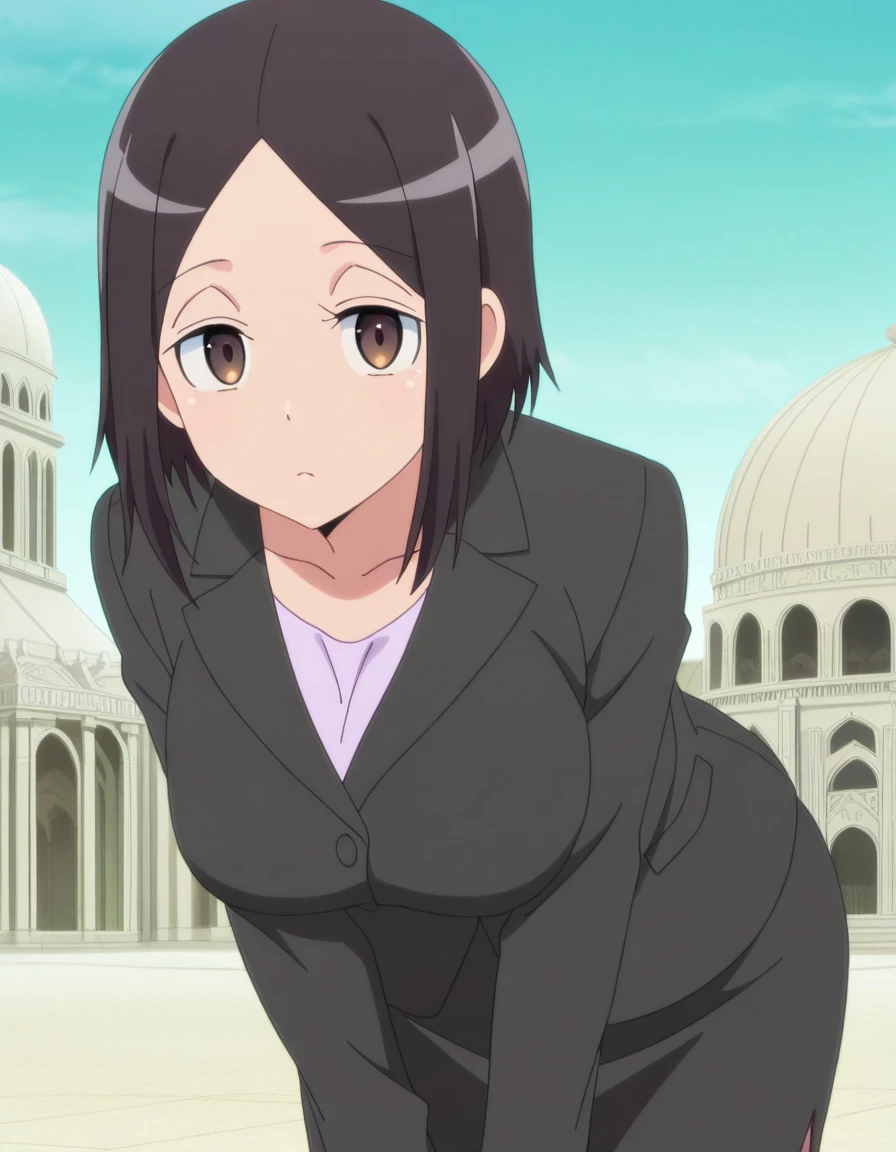 masterpiece, best quality, amazing quality,, <lora:satomi-tachibana-s1-illustriousxl-lora-nochekaiser:1>, satomi tachibana, short hair, black hair, brown eyes, mature female, breasts, anime screencap, skirt, shirt, jacket, formal, suit, office lady, skirt suit,, leaning forward,, mosque, dome, prayer, holy, architecture, cowboy shot, solo, looking at viewer,
