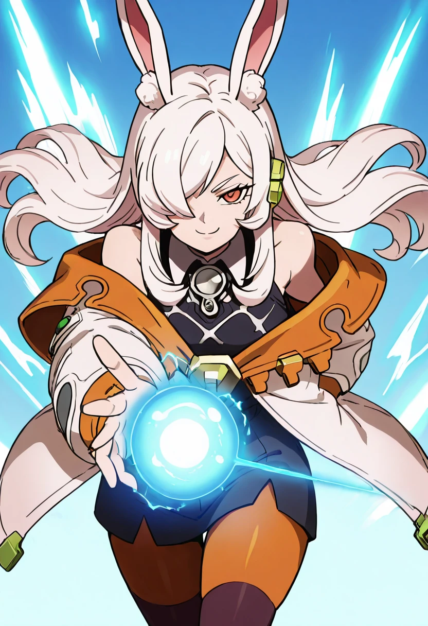 masterpiece, best quality, solo, curvy, beautiful eyes, narrow waist, wide hips, 1girl, solo, smile, looking at viewer, foreshortening, close up, zzKira, red eyes, hair over one eye, white hair, long hair, rabbit ears, bare shoulders, collared shirt, off shoulder, black shirt, sleeveless shirt, white jacket, pantyhose, ,<lora:KiraFateTrigger_IXL:1.0>, ,vivid aura, looking at viewer, blue background, smug, aura, super saiyan, charging energy, energy ball, energy, lightning, <lora:DBSBroly_Style_IXL_v2:0.6>,
