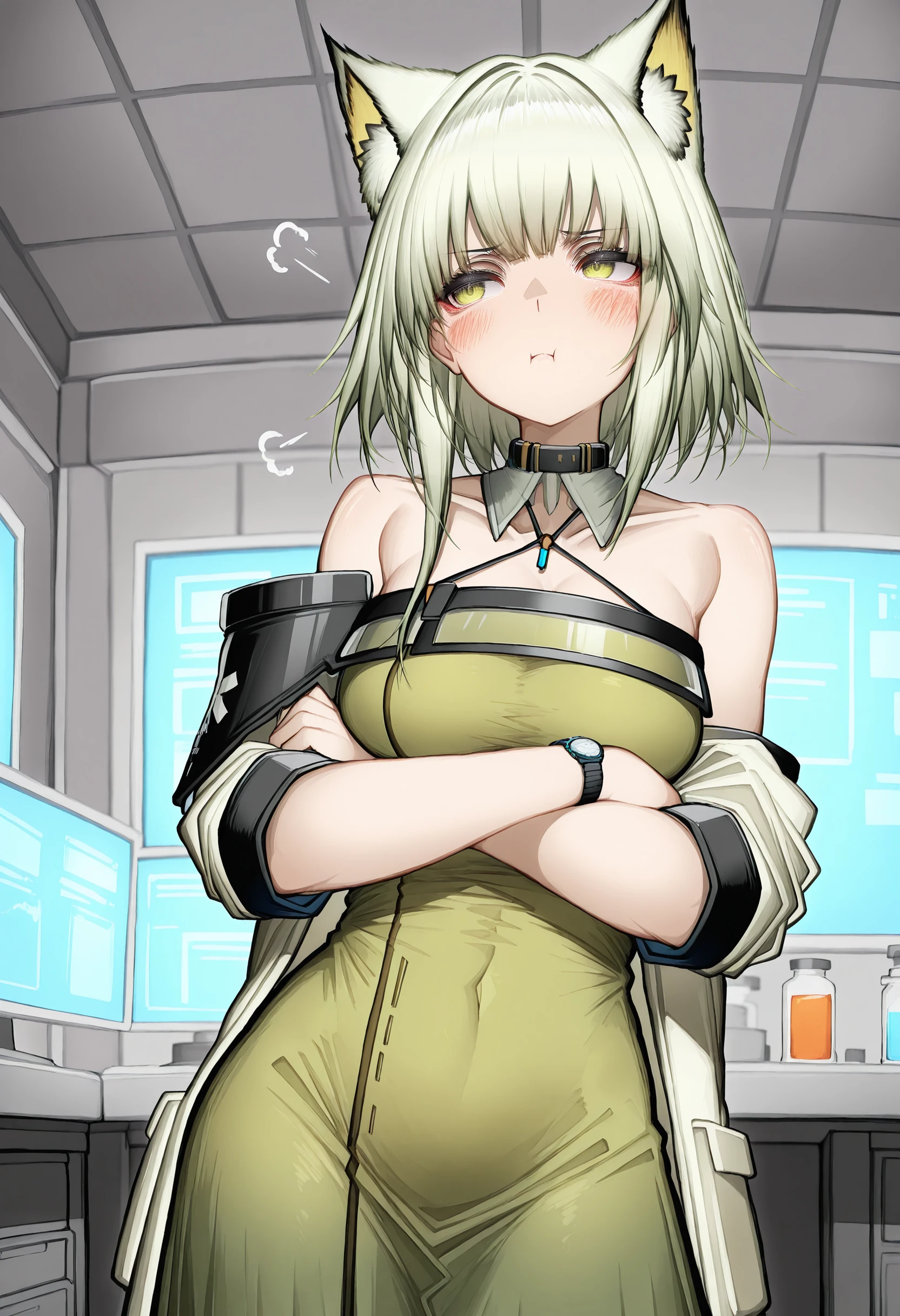 masterpiece,best quality,amazing quality, tab head, kal'tsit \(arknights\), crossed arms, indoors, pout, looking away, blush, laboratory, contrapposto, off shoulder, wristwatch, green dress
 <lora:Tab head style (Illustrious) v1:1>