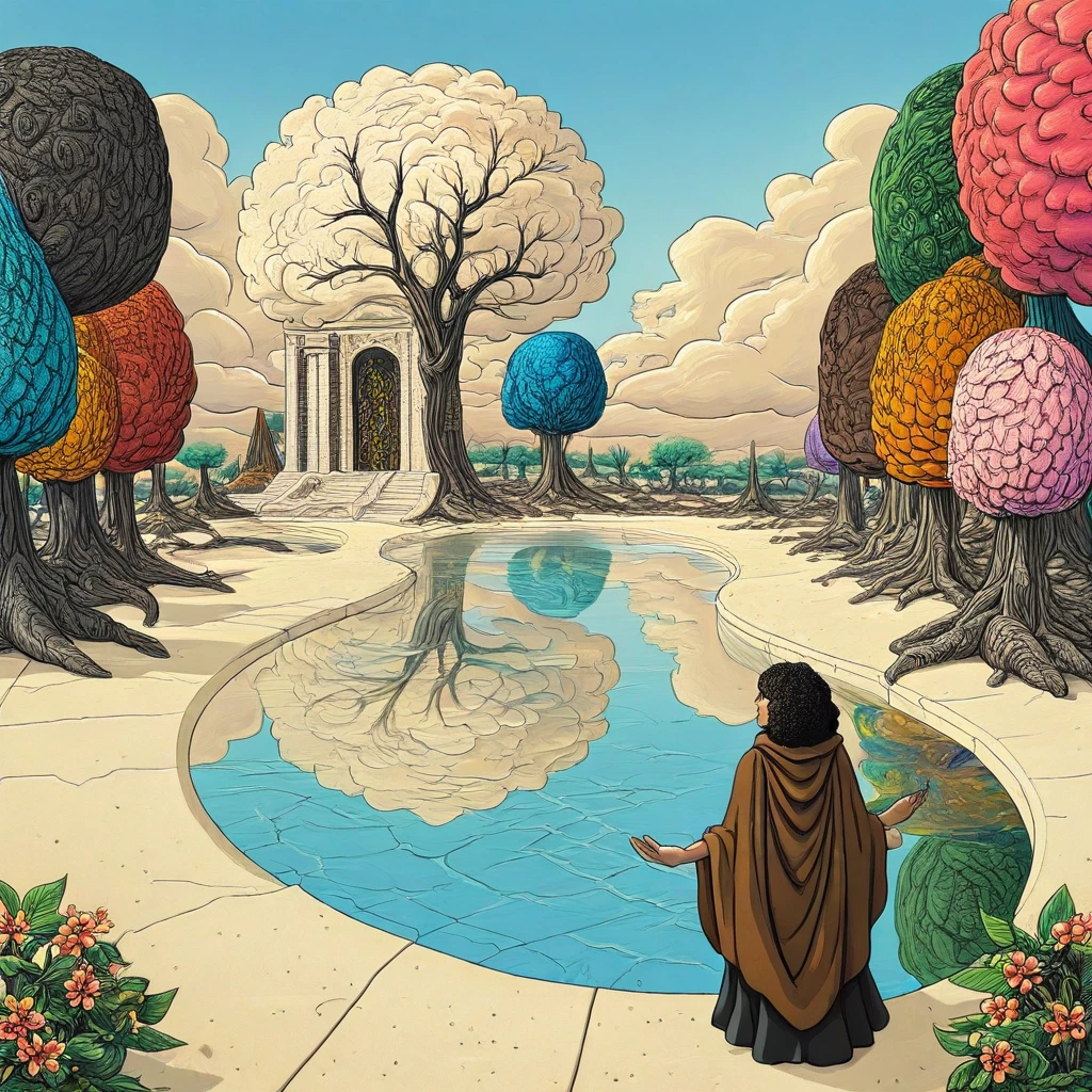 and reflective surfaces typical of high-quality digital illustrations, its twisted branches reaching upwards. The dark brown trunk contrasts with the light beige sand, dark skirt, featuring dilapidated buildings, surrounded by ornate archways with intricate carvings. A solitary figure in a brown cloak stands near a reflective pool, colorful afro split into two halves adorned with bright geometric patterns and flowers. The background shows a vivid blue sky with stylized trees and clouds