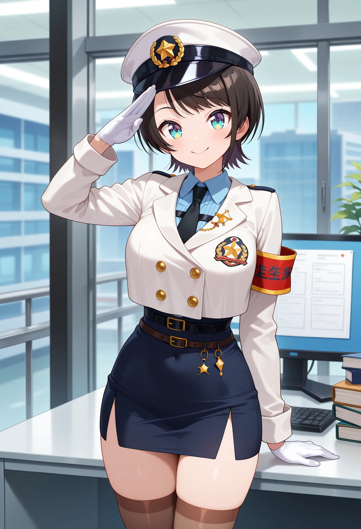 best quality, masterpiece, 1girl, iisubaru, short hair, black hair, peaked cap, white headwear, black necktie, blue shirt, cropped jacket, white jacket, long sleeves, armband, white gloves, belt, taut skirt, black skirt, brown thighhighs, <lora:oozora_subaru_ilxl_v1:0.9>, standing, cowboy shot, office, indoors, solo, smile, salute,
