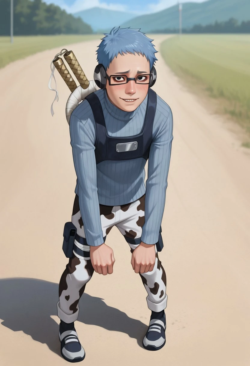 masterpiece, high quality, best quality, amazing quality, very aesthetic, absurdres, ultra-detailed, extremely detailed, realistic, volumetric lighting, (male focus, male only), day, depth of field, JackDraws, solo,
1boy, Chojuro, Blue Hair, Black Eyes, Glasses, Ear Protectors, Sharp Teeth, Turtleneck Sweater, Chest Piece, Cow Print Pants, Open Toed Footwear, shy smile, blushing, Weapon on Back, Bandages unraveling around weapon, masterpiece, best quality, amazing quality, very aesthetic, absurdres, newest, very awa, nude, cute boy, lean, athletic, runner build, photo-realistic detail, atmosphere focused, expressive lighting