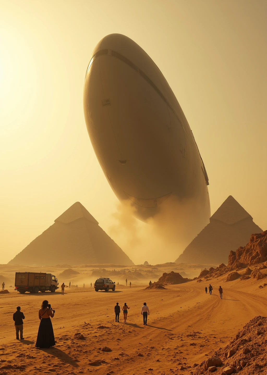 A massive alien spacecraft has landed or hovers silently in the Egyptian desert, near the Great Pyramids of Giza, dwarfing them in size. The ship is matte-black, shaped like a monolith or arc, with no visible windows or markings — its surface absorbing sunlight.
The sand around it is disturbed, some dunes collapsed by its presence. Dust hangs in the air, and faint heat distortions ripple across the scene.
In the foreground: a group of stunned archaeologists and military personnel, some taking photos, some kneeling in awe or fear. Modern expedition trucks and equipment scatter the area.
The sky is dusty orange, late afternoon, with the sun casting long shadows of both the ship and the pyramids, emphasizing contrast in scale and geometry.
Shot with a cinematic anamorphic lens — slight lens flare, high detail, subtle film grain. All textures (sand, stone, metal) are hyperreal.
Mood: mysterious, awe-inspiring, grounded science fiction. A historic first contact without lasers or drama — just silence and overwhelming presence.