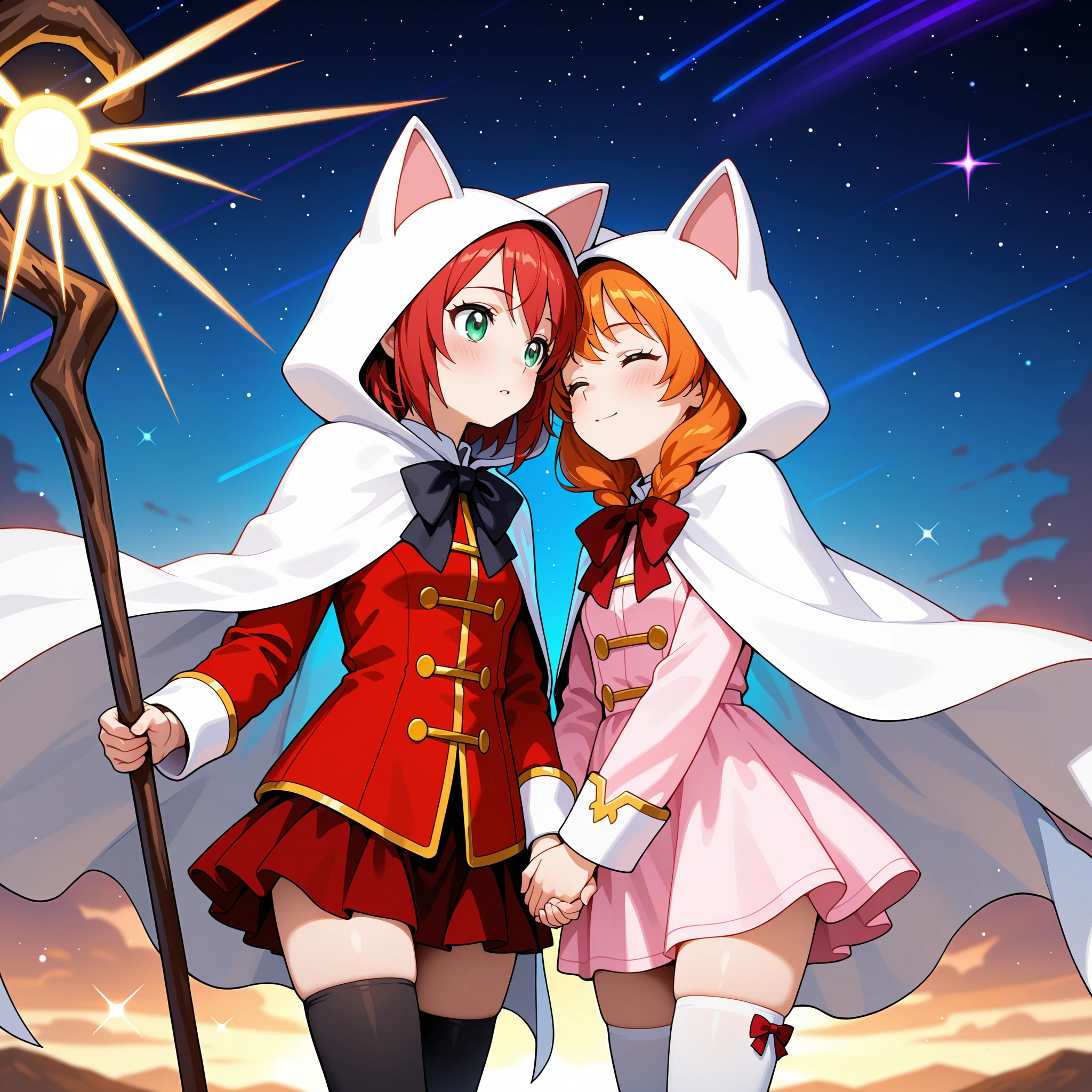 2girls,two girls holding hands, facing each other, standing close, gentle atmosphere, sister-like bond, emotional expression, glowing light between hands, soft holy aura, magical duo,wind blowing, dramatic motion, warm divine light, sacred connection, peaceful battlefield, sparkling particles, starry sky background, cinematic glow, soft lighting
<lora:Devout_V1Dim16alpha4_illustrious:0.9>,ddevout_cos,cat hood,animal hood,white_cape,chest bow,red jacket,red skirt, gold buttons,thighhighs, staff,holding staff,
devout_cos,cat hood,animal hood,white_cape,chest bow,pink dress ,gold buttons,thighhighs,staff,holding staff,, masterpiece, best quality, amazing quality, newest,detailed face, beautiful eye