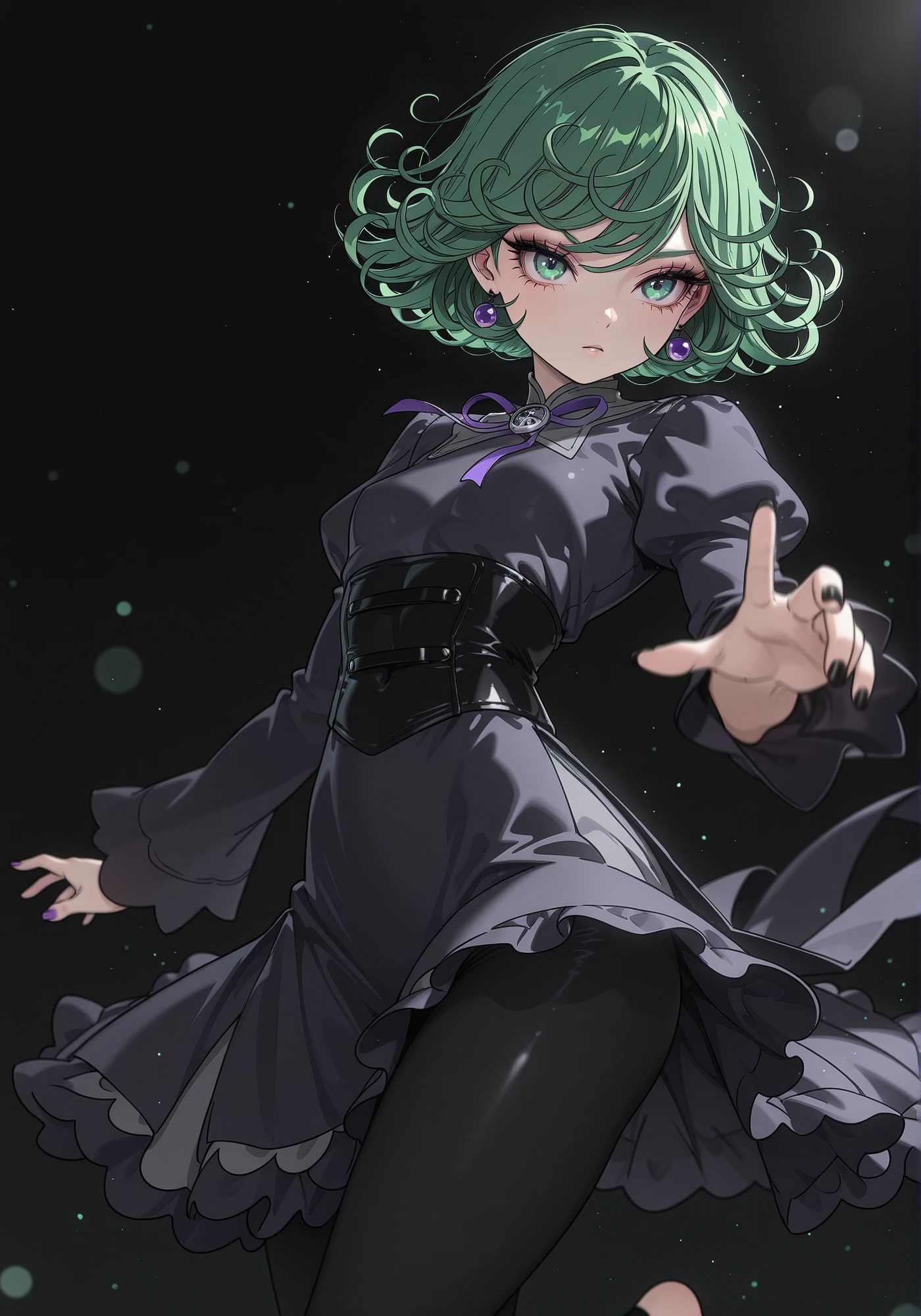 absurdres, anime coloring, anime screenshot, anime in real life, highres, hi res, best quality, masterpiece, 2d, intricate details, 4k,
1girl, solo, female, eyelashes, nose, short hair, curly hair, green hair, green eyes, tatsumaki,
purple nails, eyeshadow, black nails, nail polish,
, small , flat ,
long sleeves, dress, ribbon, purple ribbon, jewelry, earrings, puffy sleeves, black dress, neck ribbon, juliet sleeves, corset, black corset, grey dress, purple dress, black dress, frilled dress, frills,
thighs, pantyhose, black pantyhose, leggings, stirrup legwear, black leggings,
depth of field, motion blur, original, black background, black theme, particles, light particles, wind, bokeh,