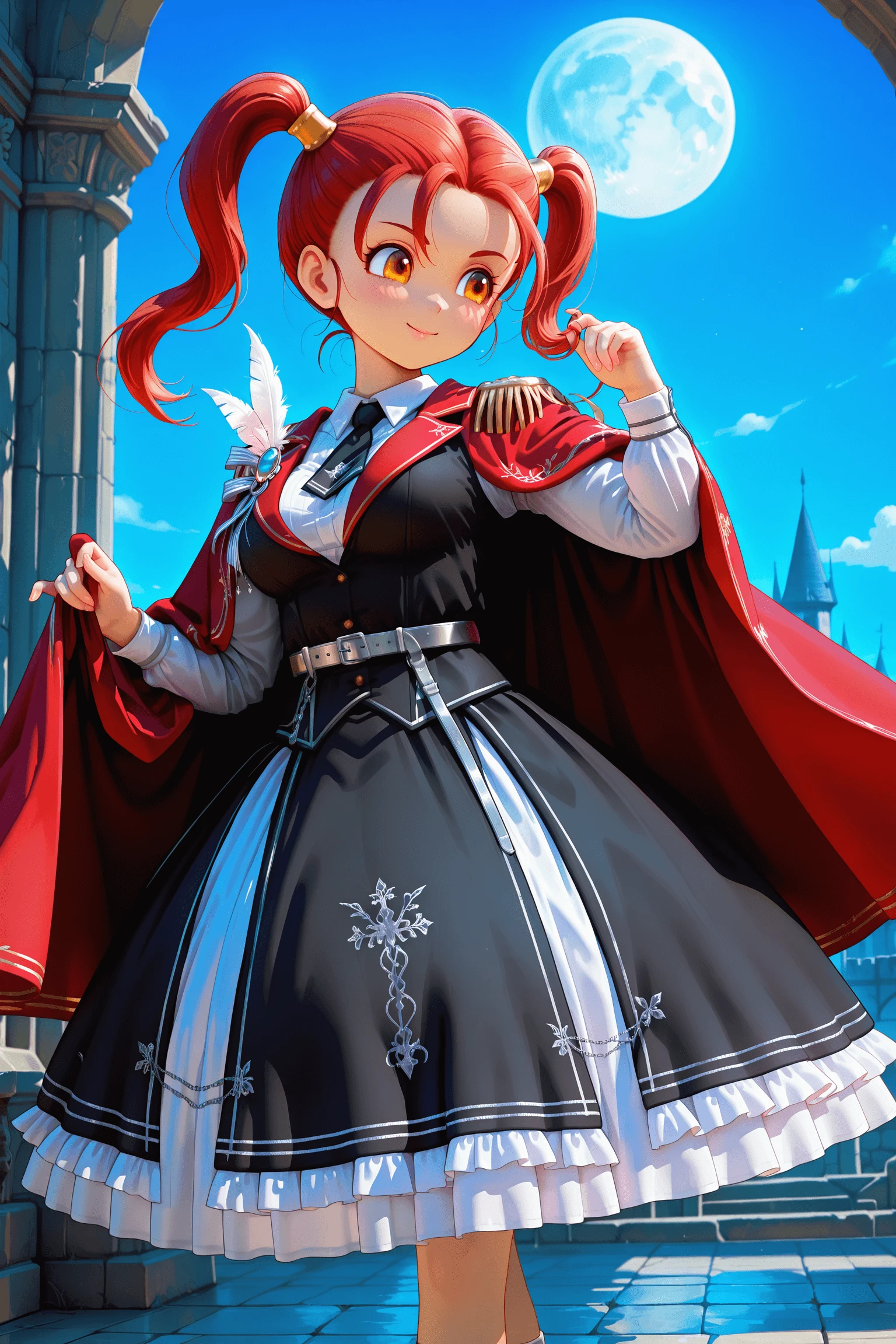 1girl, dancing under full moon, twirling cape, holding skirt with one hand, melancholic smile, looking into distance, gothic castle ruins, dynamic pose, 
<lora:darkknightV1Dim32alpha8_illustrious:0.8>,darkknight_dress,white skirt,black dress, frilled dress,long sleeves,white shirt,silver buckle ,black cloak,,black ascot ,,epaulettes ,feather ornament, chain, silver embroidery,striped ribbon, white collar,red cloak,
<lora:Jessica-IL:1.2>,j3ss1c4,orange eyes, long hair, red hair, twintails, , masterpiece, best quality, amazing quality, newest,detailed face, beautiful eye