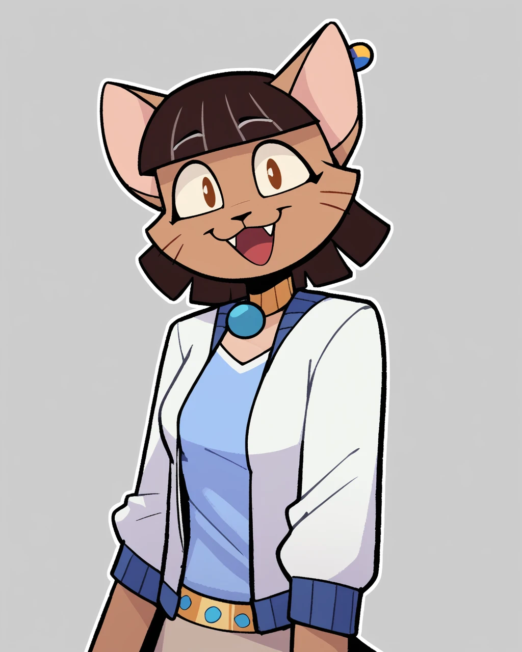 score_9_up, score_8_up, score_7_up, score_6_up, by remanedur, furry, female, cat, brown hair, blunt bangs, short hair, whiskers, ear accessory, medium breasts, brown eyes, white jacket, open jacket, skirt, blue shirt, looking at viewer, happy, open smile, head tilt, solo, simple background, white outline, <lora:Leah_Pines(AIM)_XL_v1:0.15> <lora:PDXL_artist_tags_v2_big:0.5> <lora:The-Minuscule-Task_PDXL_v1.0:0.6> <lora:Mau_Joshdamn23:0.75>