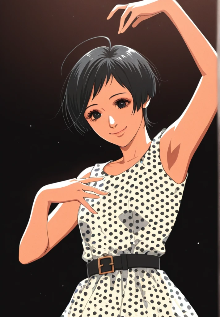 score_9, score_8_up, score_7_up,
1girl, short hair, miwa, eyelashes, anime coloring, black hair, black eyes, realistic, belt, smile, sleeveless, arm up, ahoge, screentones, sleeveless dress, polka dot dress, dancing