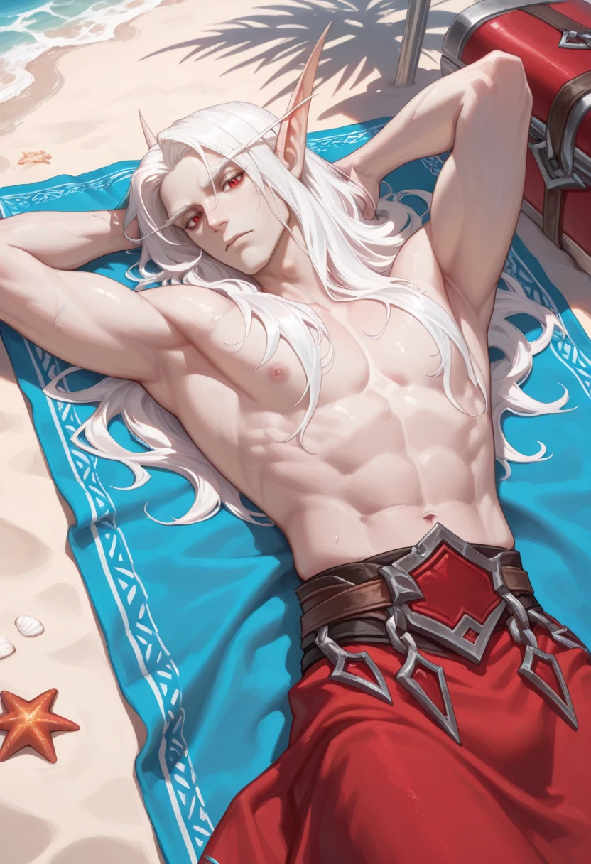 very awa, masterpiece, best quality, absurdres, newest, perfect quality, detailed background, intricate details
<lora:ILWoWKaelthas:1>
WoWKaelthas, 1boy, male focus, pointy ears, long hair, white hair, red eyes, looking at viewer, male focus, beach, lying, on towel, arm behind head, swimming trunk,