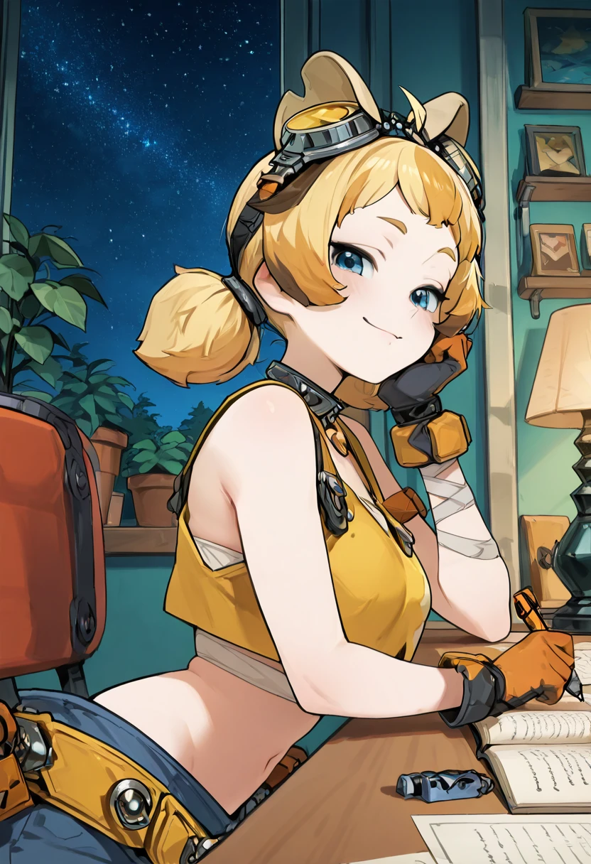 masterpiece, best quality, solo, curvy, beautiful eyes, narrow waist, wide hips, 1girl, solo, smile, looking at viewer, foreshortening, close up, zzMindy, blue eyes, blonde hair, ahoge, short hair, low twintails, short twintails, large breasts, crop top, spikes, goggles on head, yellow shirt, bandaged arm, black collar, gloves, navel, sleeveless, <lora:MindyFateTrigger_IXL:1.0>, , zzLofi, sitting, side view, desk, chair, book, bookshelf, head rest, holding, holding pen, lamp, night, open book, pen, plant, potted plant, sky, star (sky), starry sky, window, windowsill, writing, <lora:LofiGirl_Style_IXL:0.8>,