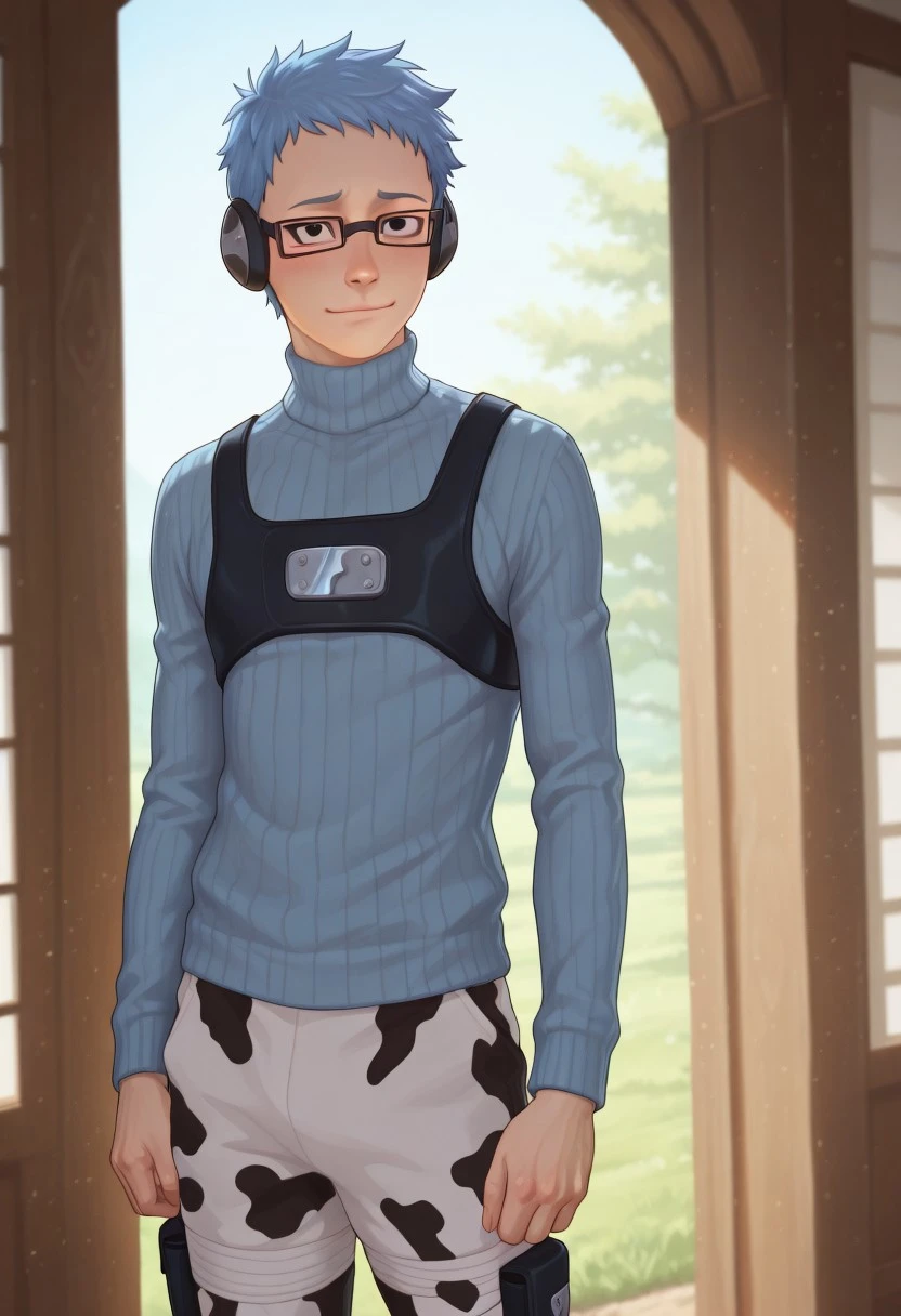 masterpiece, high quality, best quality, amazing quality, very aesthetic, absurdres, ultra-detailed, extremely detailed, realistic, volumetric lighting, (male focus, male only), day, depth of field, JackDraws, solo,
1boy, Chojuro, Blue Hair, Black Eyes, Glasses, Ear Protectors, Sharp Teeth, Turtleneck Sweater, Chest Piece, Cow Print Pants, shy smile, masterpiece, best quality, amazing quality, very aesthetic, absurdres, newest, very awa, nude, cute boy, lean, athletic, runner build, photo-realistic detail, atmosphere focused, expressive lighting