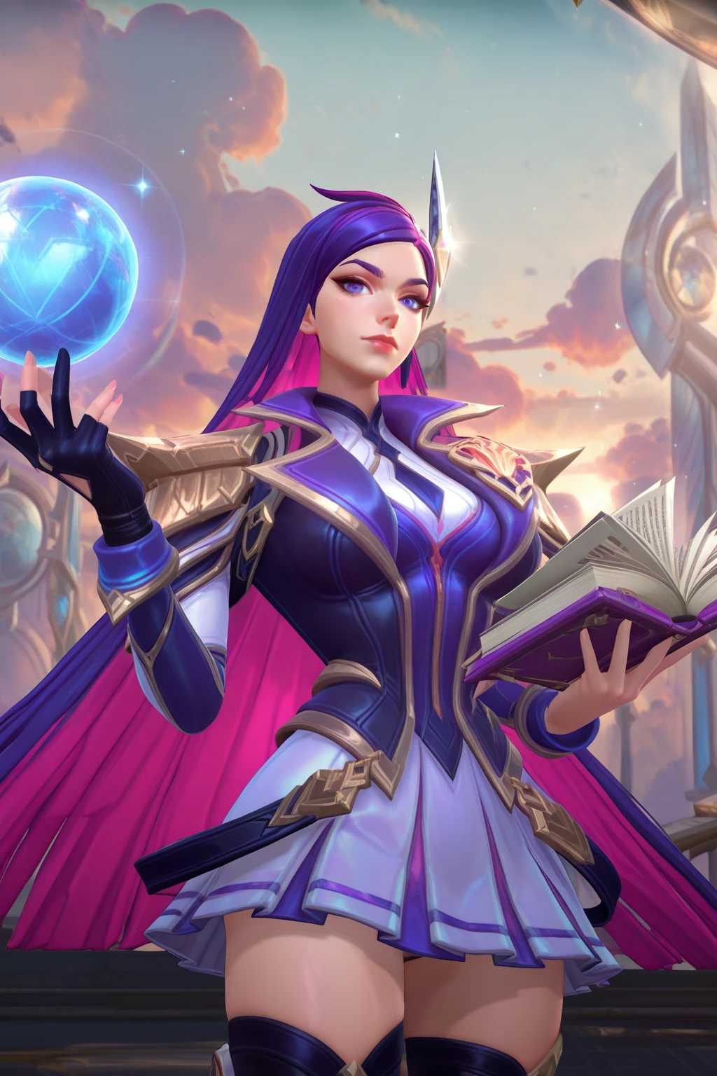 masterpiece, good quality, best quality, very awa, very as2, absurdres, highres
<lora:Wild Rift StyleIlluLYCO:1.4>1girl, solo, breasts, looking at viewer, makeup,
<lora:AC CaitlynilluLoRA:1> acadecait, very long hair, hair ornament, colored inner hair, jacket, shoulder armor, shirt, single glove, skirt, thighhighs, badge, single knee pad, holding book, open book, hand up, in front of school, dusk, cowboy shot,