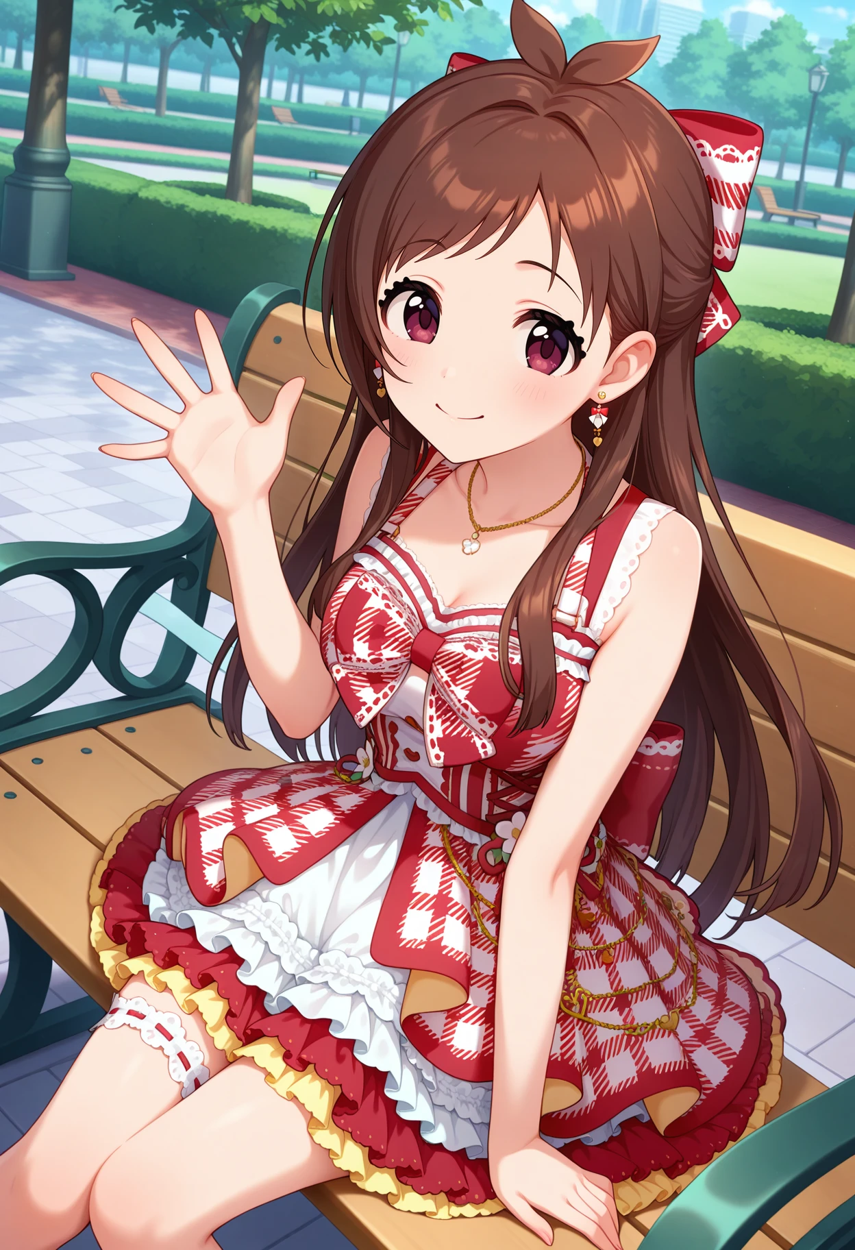 best quality, masterpiece, 1girl, aaakari, long hair, brown hair, antenna hair, hair bow, earrings, necklace, plaid bow, plaid dress, red dress, sleeveless, layered skirt, white skirt, bridal garter, <lora:tsujino_akari_ilxl_v1:0.9>, sitting, park, bench, waving, closed mouth,