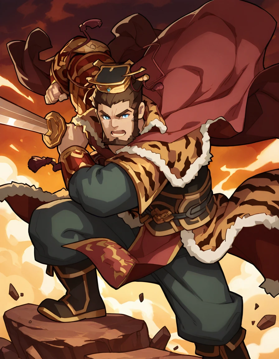 masterpiece, best quality, perfect quality, very awa, absurdres, newest, very aesthetic, absolutely eye-catching, intricate details,@sunquan, 1boy, mature male, brown hair, short hair, sideburns_goatee_chin_curtain, thick eyebrows, blue eyes, chinese emperor crown, red cape flowing in wind, tiger print fur-trimmed jacket, green pants, boots, heroic pose, wind blowing, holding sword, standing on battlefield rock, dramatic lighting, glowing clouds, cape flapping, detailed clothing, traditional chinese armor accents, powerful expression, eyes glowing slightly, cinematic angle, dynamic pose, full body, <lora:sunquan-000007:1>,