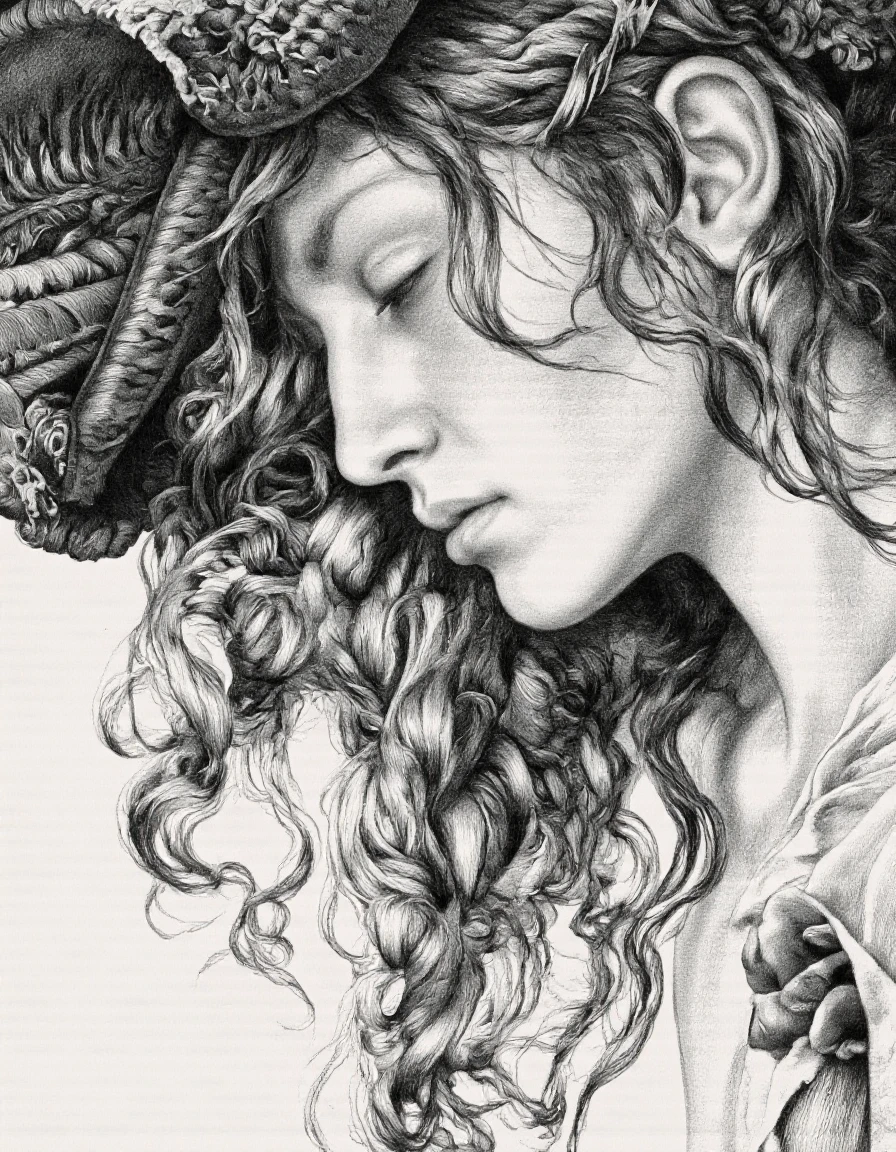 VanZoura style. A highly detailed, realistic pencil sketch of a young woman with curly, wavy hair, captured from a profile camera angle, focusing on her delicate features and a serene expression. the image is in black and white, with a monochromatic style, featuring intricate lines and shading that create a realistic texture. on the middle of the image, a close-up portrait of a woman appears to be in profile, with her head tilted slightly to the side and her eyes closed, creating a peaceful and contemplative atmosphere. her hair is wavy and curly, with loose curls framing her face. her lips are slightly parted, and her nose is closed, giving a sense of calmness and serenity. the background is plain white, allowing the focus to remain on the subject's face and upper body. the overall effect is a beautiful and captivating image that captures the essence of the woman's delicate features.
1girl, solo, long hair, closed mouth, simple background, white background, closed eyes, upper body, monochrome, curly hair, profile, monocle, lips, profile picture, realistic
camera_angle: profile, art_style: pencil sketch, sketch, location: NA, background: plain white background. image_composition: middle, distance_to_camera: close up, clothing: N/a, hair_color: blonde, facial_expression: serene, action: N /a, accessory: N, pants: NA;NA, eye_direction: closed eyes;closed mouth, race: light skin;light skin, shoes: NA>, ear: NA | body: slim, gender: 1woman, eye color: closed, facing_ direction: facing viewer;close up, facial expression: calm, gender=1woman, hair texture: curly, curly, feather-like features, hair style: wavy, curly ends, hair color: light blonde, loose curls
