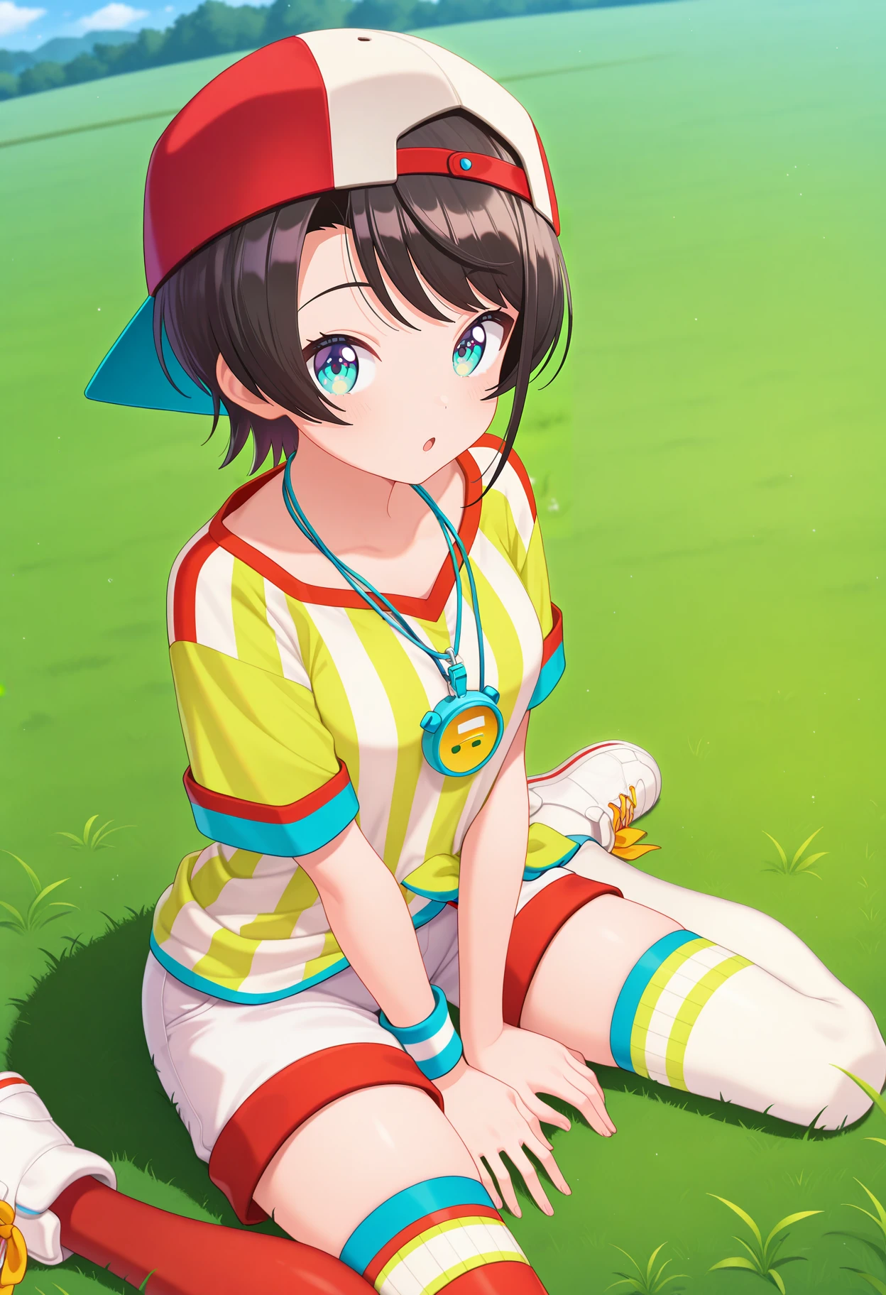 best quality, masterpiece, 1girl, aasubaru, short hair, black hair, baseball cap, backwards hat, stopwatch around neck, tied shirt, striped shirt, short sleeves, wristband, short shorts, white shorts, mismatched legwear, red thighhighs, white thighhighs, <lora:oozora_subaru_ilxl_v1:0.9>, grass, field, wariza, :o, sneakers, white footwear,