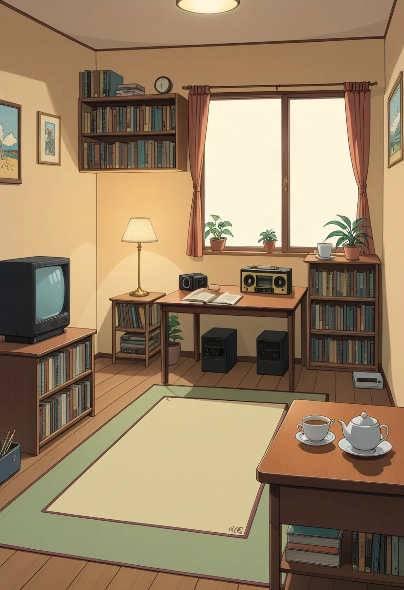 RvR_Comic_Style, a nostalgic, flat-colored, cel-shaded, retro ligne claire anime-style illustration: a cozy tatami-floor apartment interior lit by a single warm desk lamp, shelves lined with comic books and VHS tapes, a cup of tea steaming on a low table, Moebius minimal linework with Brandon Graham’s playful clutter details, 1990s anime home-life vibe, golden ambient lighting, soft pencil shading around corners, a poster pinned on the wall with the initials “RvR”