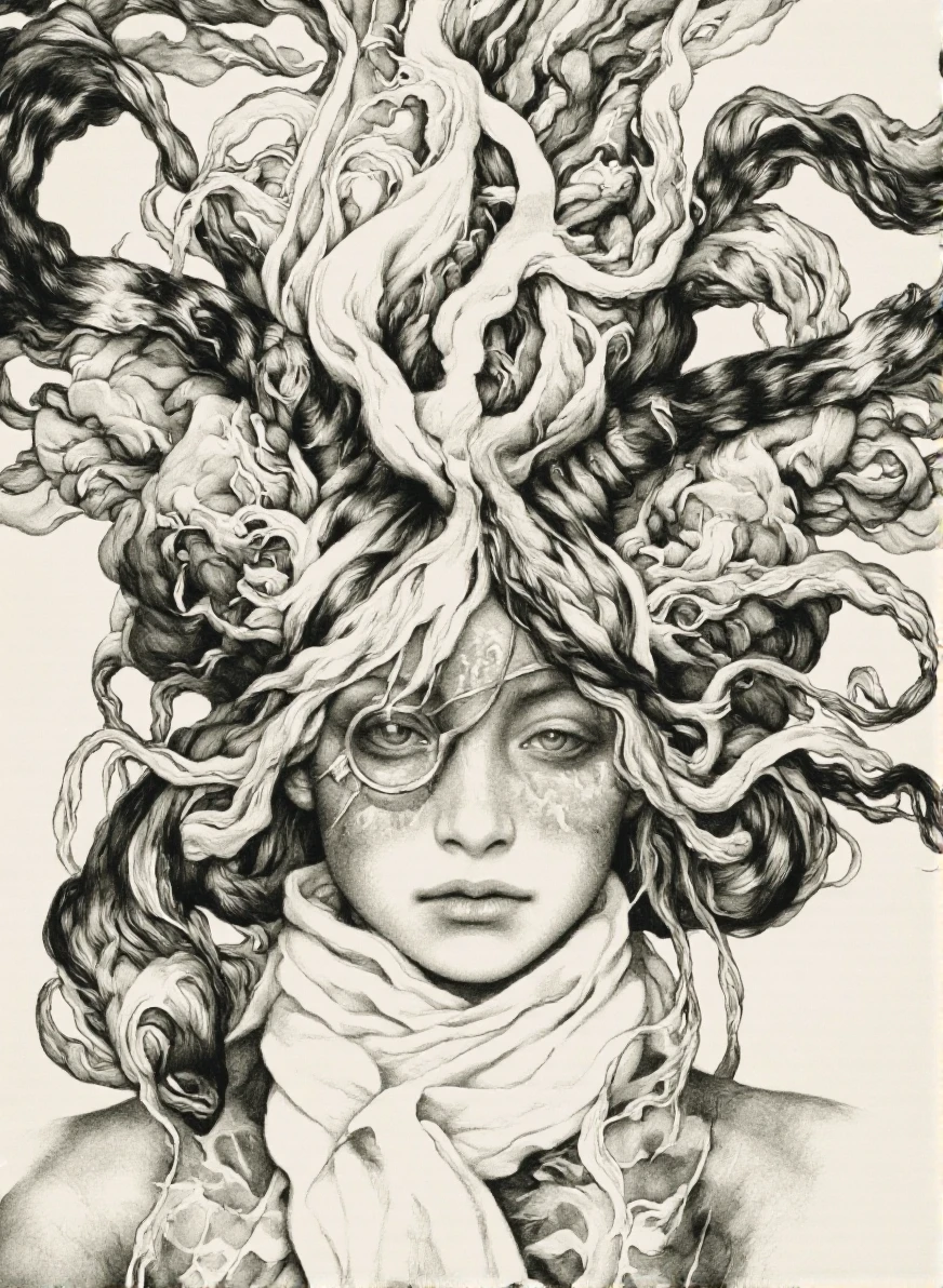 VanZoura style. A highly detailed, monochromatic, black and white ink drawing of a humanoid figure with a mysterious and fantastical appearance, featuring intricate, swirling patterns and a mysterious aura. the figure is positioned in the middle of the image, with a neutral expression and a blurred background. it appears to be a young woman with long, flowing hair that is intricately designed with swirls and curves, giving her an ethereal appearance. her eyes are closed, and she is wearing a white scarf draped around her neck, adding to the mysterious and ethereal feel of the drawing. her facial features are delicate and detailed, with sharp lines and curves that create a sense of depth and dimensionality. her hair is styled in a way that accentuates her features, and her eyes seem to be looking directly at the viewer, creating a captivating and mysterious atmosphere. the drawing is done in a realistic style, with careful attention to detail in shading and texture, making it a stunning piece of art.
1girl, solo, long hair, looking at viewer, simple background, closed mouth, upper body, monocle, horns, scarf, face, colored skin, colored sclera, monster girl, abstract, creature girl, face obscured by hair