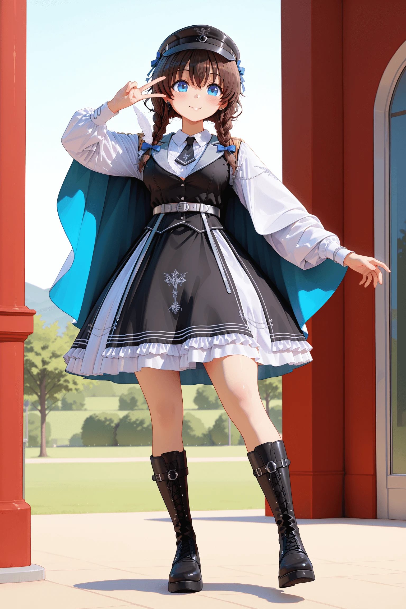 1girl, standing on one foot, other foot raised behind, both arms outstretched, wide smile, joyful expression, playful pose, cape fluttering, energetic composition,v,piercing,
<lora:darkknightV1Dim32alpha8_illustrious:0.9>,darkknight_dress,white skirt,,black dress, frilled dress,long sleeves,white shirt,silver buckle ,black cloak,,black ascot ,,epaulettes ,feather ornament, chain, silver embroidery,striped ribbon, white collar,white cloak,
<lora:riccaV2.0Dim16alpha4_illustrious:0.7>,ricca_main ,blue eyes ,,brown hair,hair between eyes,hair pulled forward,blue_hair_bow,twin braids,leather military hat,full body,, masterpiece, best quality, amazing quality, newest,detailed face, beautiful eye