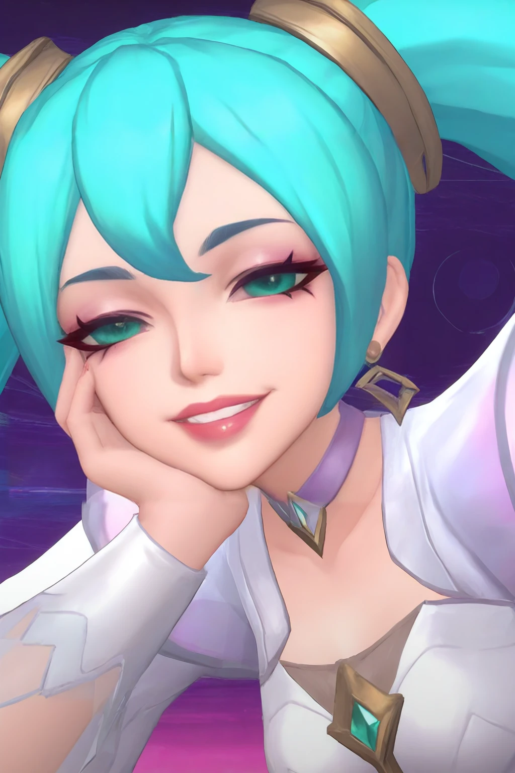 masterpiece, good quality, best quality, very awa, very as2, absurdres, highres,
<lora:Wild Rift StyleIlluLYCO:1.2>1girl, solo, breasts, looking at viewer, earrings, aqua hair, twintails, long hair, makeup, green eyes, head rest, smile. teeth, half-closed eyes, abstract background,