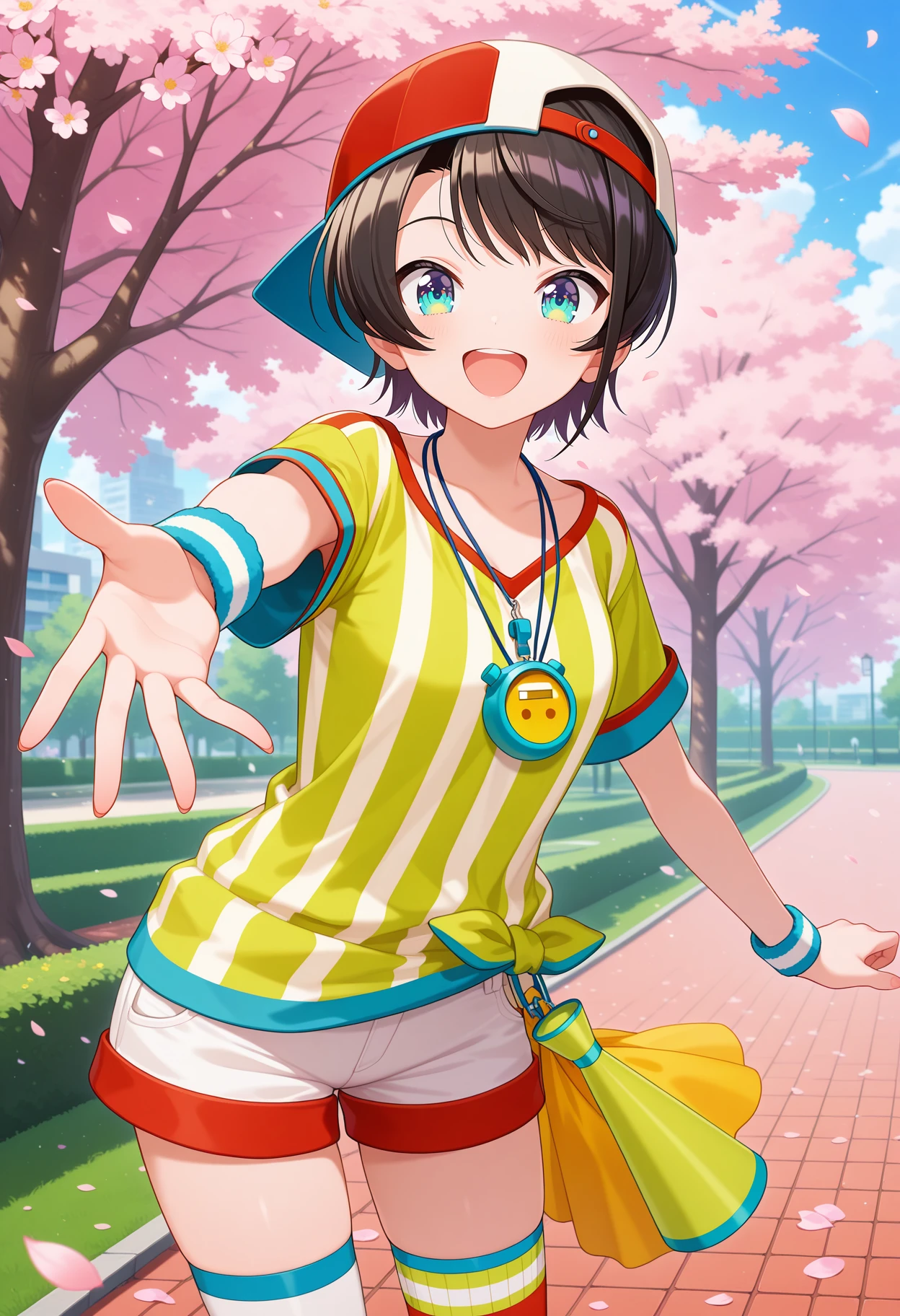 best quality, masterpiece, 1girl, aasubaru, short hair, black hair, baseball cap, backwards hat, stopwatch around neck, tied shirt, striped shirt, short sleeves, wristband, short shorts, white shorts, mismatched legwear, red thighhighs, white thighhighs, <lora:oozora_subaru_ilxl_v1:0.9>, standing, cowboy shot, park, smile, open mouth, reaching, petals,