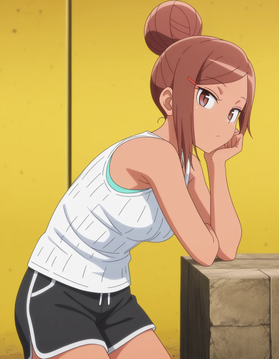 masterpiece, best quality, amazing quality,, <lora:ayaka-uehara-s1-illustriousxl-lora-nochekaiser:1>, ayaka uehara, brown hair, hair ornament, brown eyes, hairclip, dark skin, hair bun, dark-skinned female, single hair bun, mature female, , anime screencap, shirt, white shirt, shorts, sleeveless, sleeveless shirt, black shorts, tank top,, head rest, trench, dirt, warfare, shelter, depth, cowboy shot, solo, looking at viewer,