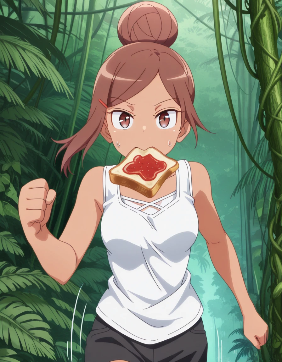 masterpiece, best quality, amazing quality,, <lora:ayaka-uehara-s1-illustriousxl-lora-nochekaiser:1>, ayaka uehara, brown hair, hair ornament, brown eyes, hairclip, dark skin, hair bun, dark-skinned female, single hair bun, mature female, medium breasts, anime screencap, shirt, white shirt, shorts, sleeveless, sleeveless shirt, black shorts, tank top,, <lora:food-in-mouth-running-illustriousxl-lora-nochekaiser:1>, food in mouth running, food in mouth, running, bread, bread slice, food, toast in mouth, toast, sweatdrop, motion lines, motion blur, outdoors, straight-on, jungle, dense, wildlife, vines, green, cowboy shot, solo, looking at viewer,
