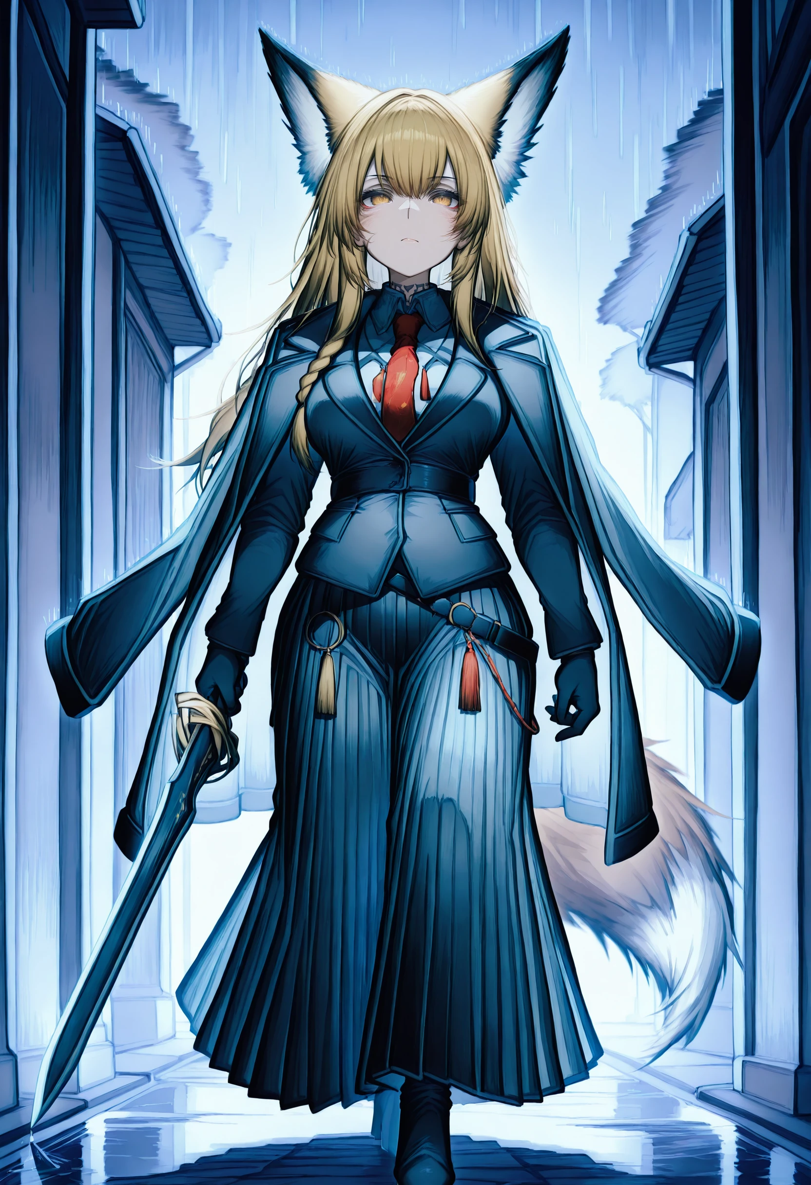 masterpiece,best quality,amazing quality, tab head, vulpisfoglia, fox girl, side braid, blonde hair, neck tattoo, scar on cheek, yellow eyes, official costume, collared shirt, red necktie, coat, coat on shoulders, tassel, long skirt, high heel boots, gloves, alternate costume, walking towards viewer, serious, rain, dark, holding sword,wrist guards,
<lora:Tab head style (Illustrious) v1:1> <lora:Vulpisfoglia (Illustrious) v1:1> <lora:Rain (Illustrious) v1:1> <lora:Dark (Illustrious) v1:1> dark,