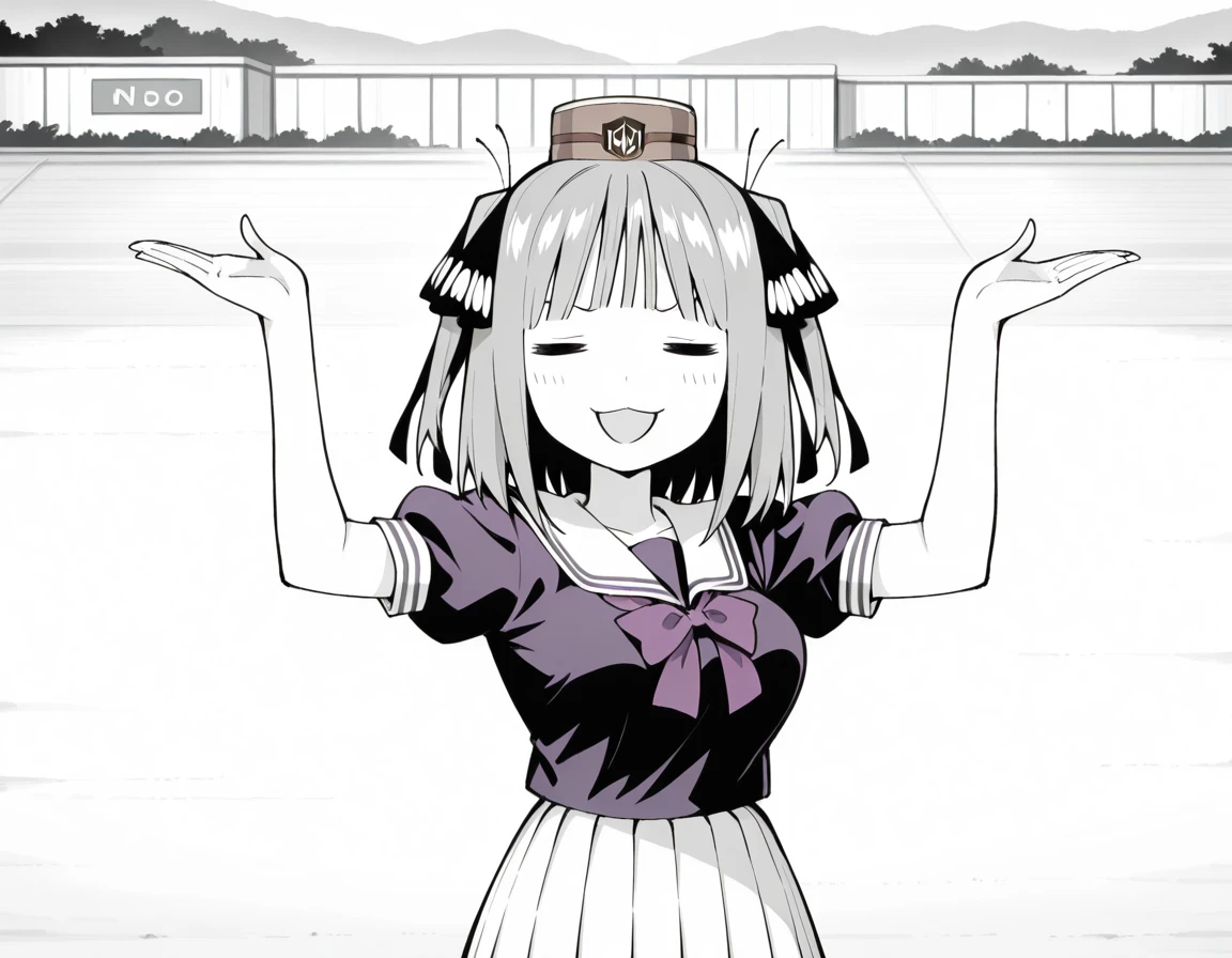 masterpiece, best quality, amazing quality,, <lora:nino-nakano-manga-illustriousxl-lora-nochekaiser:1>, nino nakano, nakano nino, short hair, bangs, hair ornament, hair ribbon, blunt bangs, two side up, butterfly hair ornament, monochrome, greyscale, mature female, breasts, <lora:gold-ship-radar-alert-illustriousxl-lora-nochekaiser:1>, gold ship radar alert, = =, solo, smile, open mouth, smug, looking at viewer, straight-on, shirt, skirt, hat, bow, closed eyes, short sleeves, outdoors, pleated skirt, puffy sleeves, bowtie, sailor collar, puffy short sleeves, white skirt, parody, purple bow, purple shirt, brown headwear, sailor shirt, purple bowtie, pillbox hat, hands up, , , ,