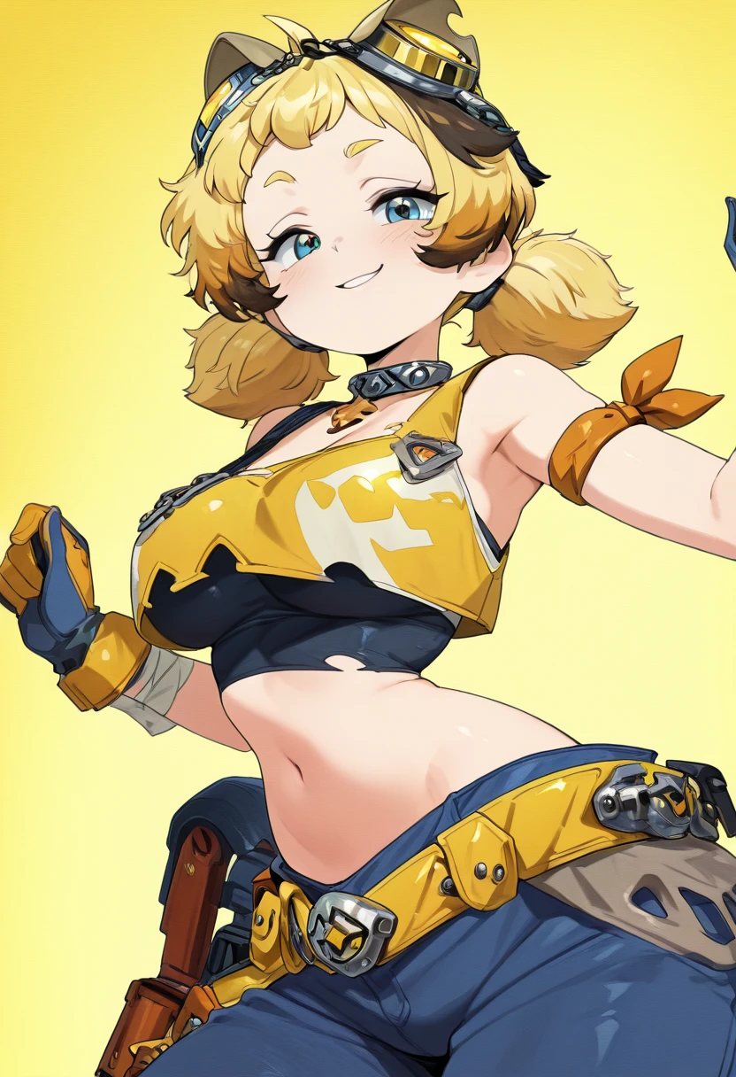 masterpiece, best quality, solo, curvy, beautiful eyes, narrow waist, wide hips, 1girl, solo, smile, looking at viewer, foreshortening, close up, zzMindy, blue eyes, blonde hair, ahoge, short hair, low twintails, short twintails, large breasts, crop top, spikes, goggles on head, yellow shirt, bandaged arm, black collar, gloves, navel, sleeveless, <lora:MindyFateTrigger_IXL:1.0>, , smile, looking at viewer, cowboy shot, <lora:CuteRetroStyle_IXL_v1:1.2>,